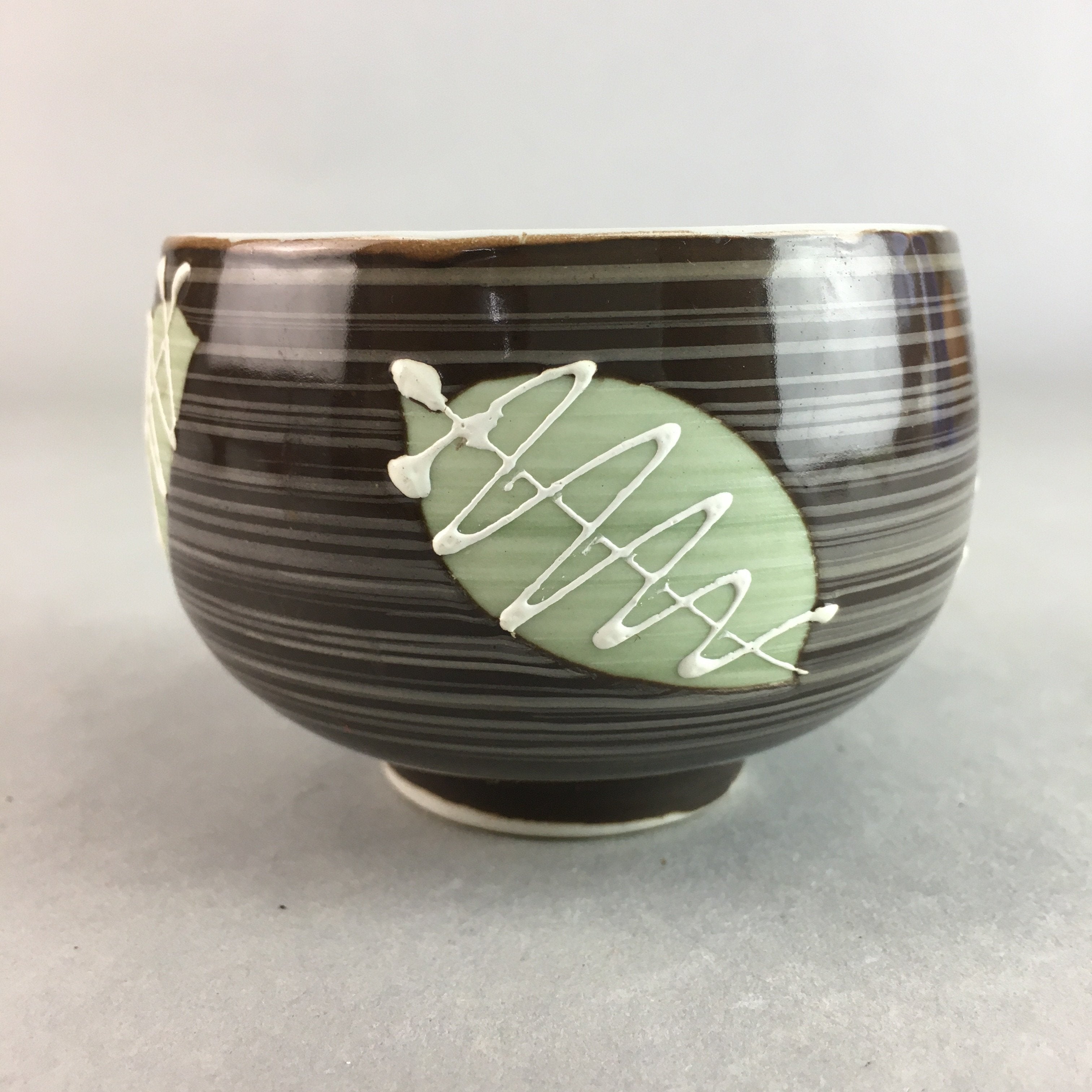 Japanese Porcelain Teacup Yunomi Vtg Sencha Brown Green Leaf Stripe TC153