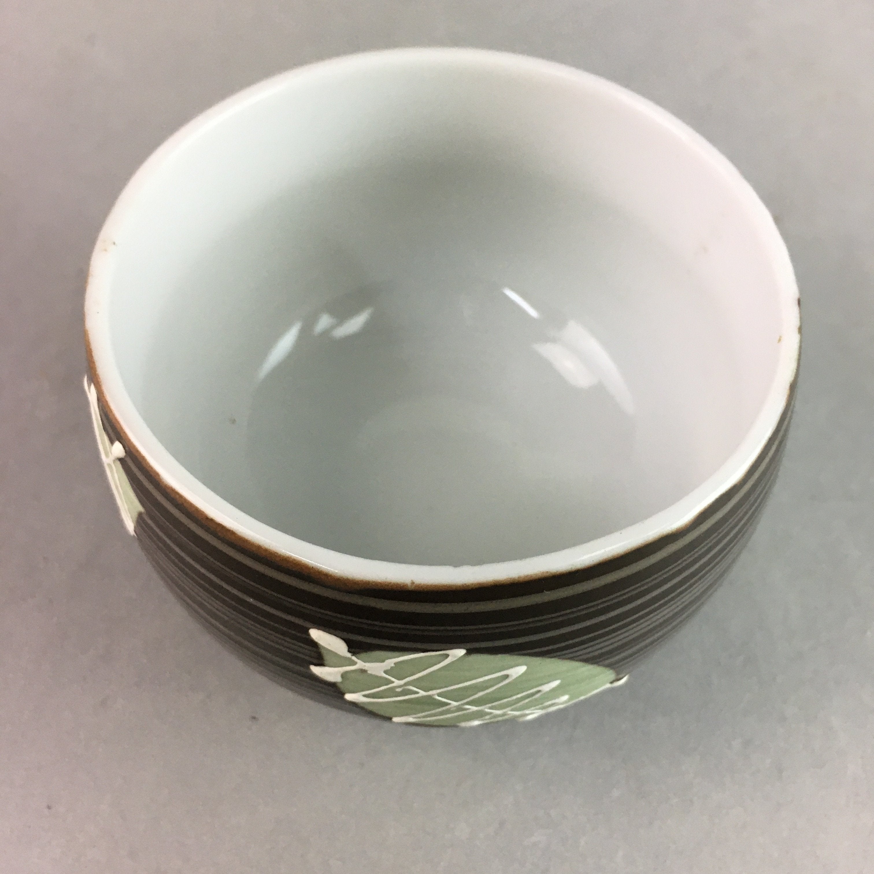 Japanese Porcelain Teacup Yunomi Vtg Sencha Brown Green Leaf Stripe TC153