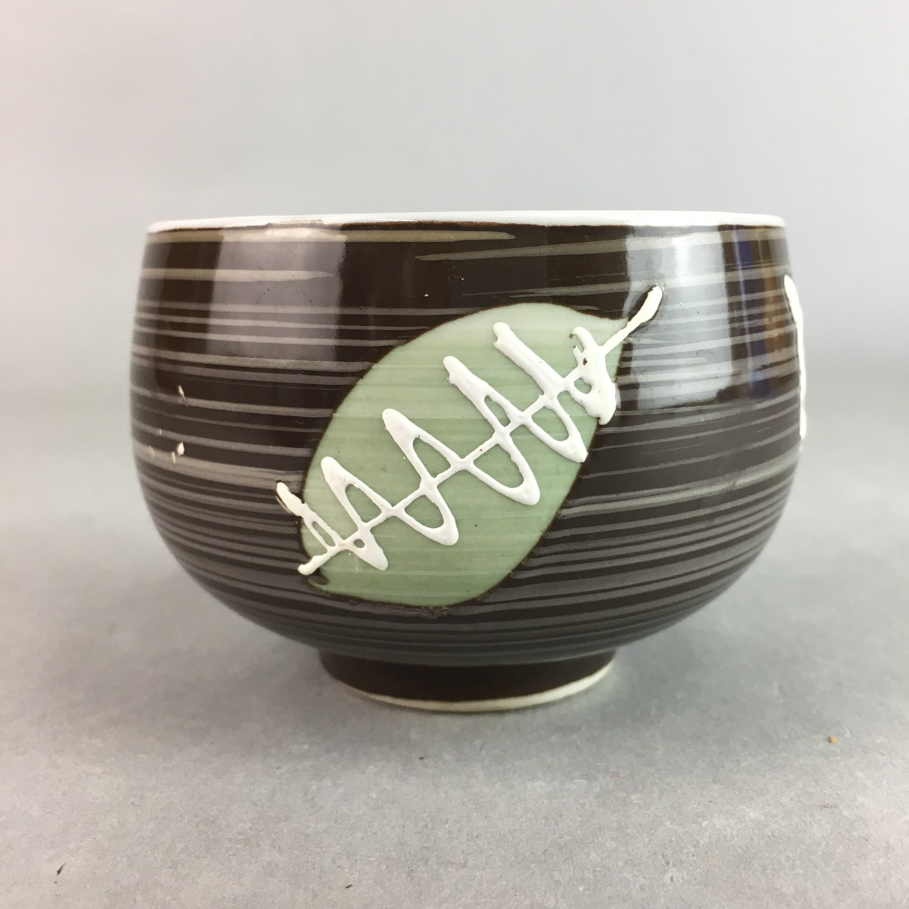 Japanese Porcelain Teacup Yunomi Vtg Sencha Brown Green Leaf Stripe TC154