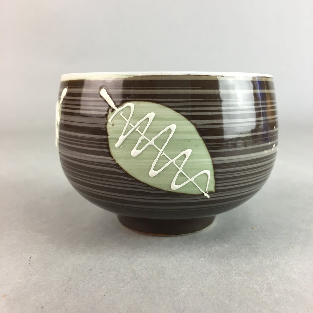 Japanese Porcelain Teacup Yunomi Vtg Sencha Brown Green Leaf Stripe TC154