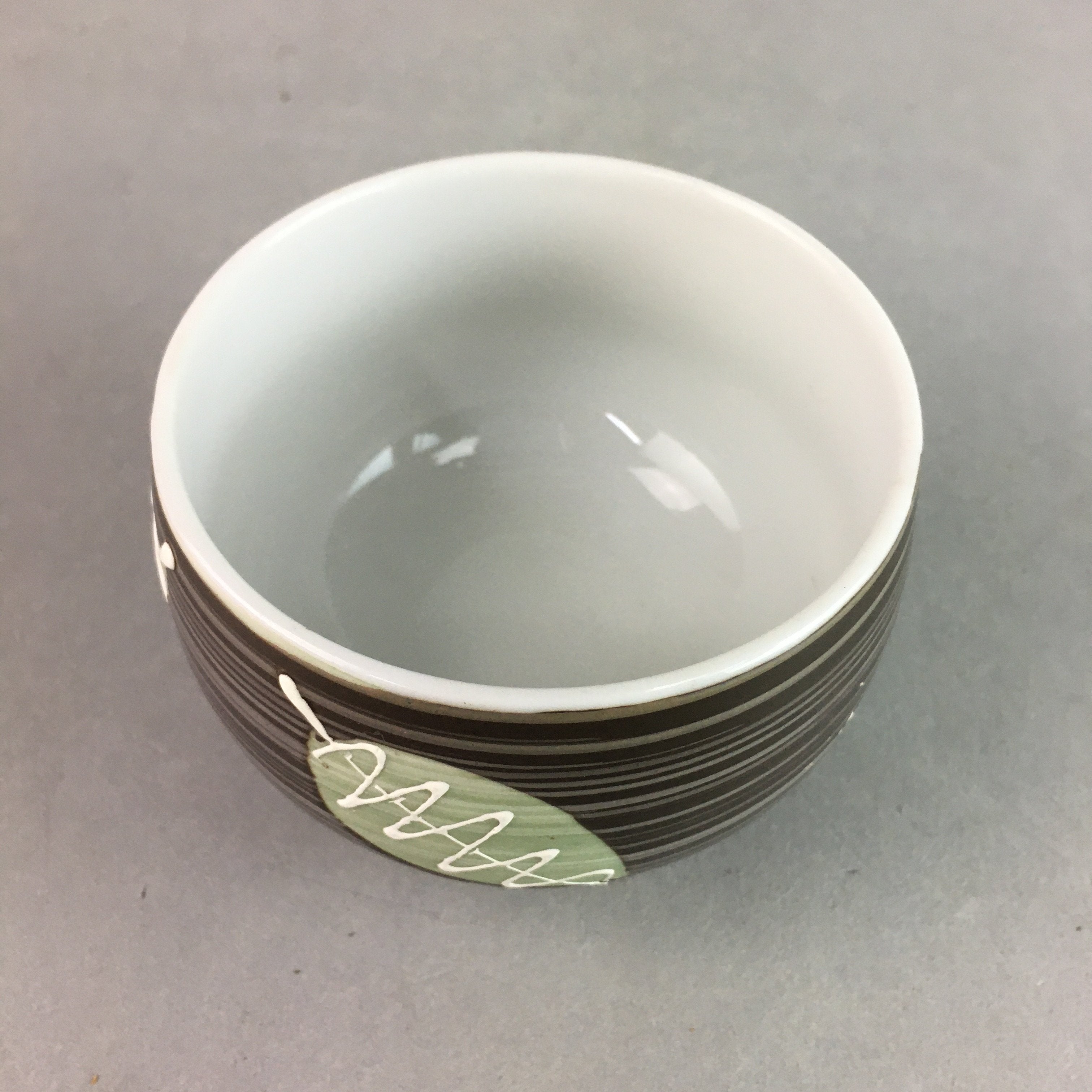 Japanese Porcelain Teacup Yunomi Vtg Sencha Brown Green Leaf Stripe TC154