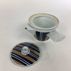 Japanese Porcelain Teapot Vtg Kyusu Pottery White Blue Brown Stripes Sencha PP5
