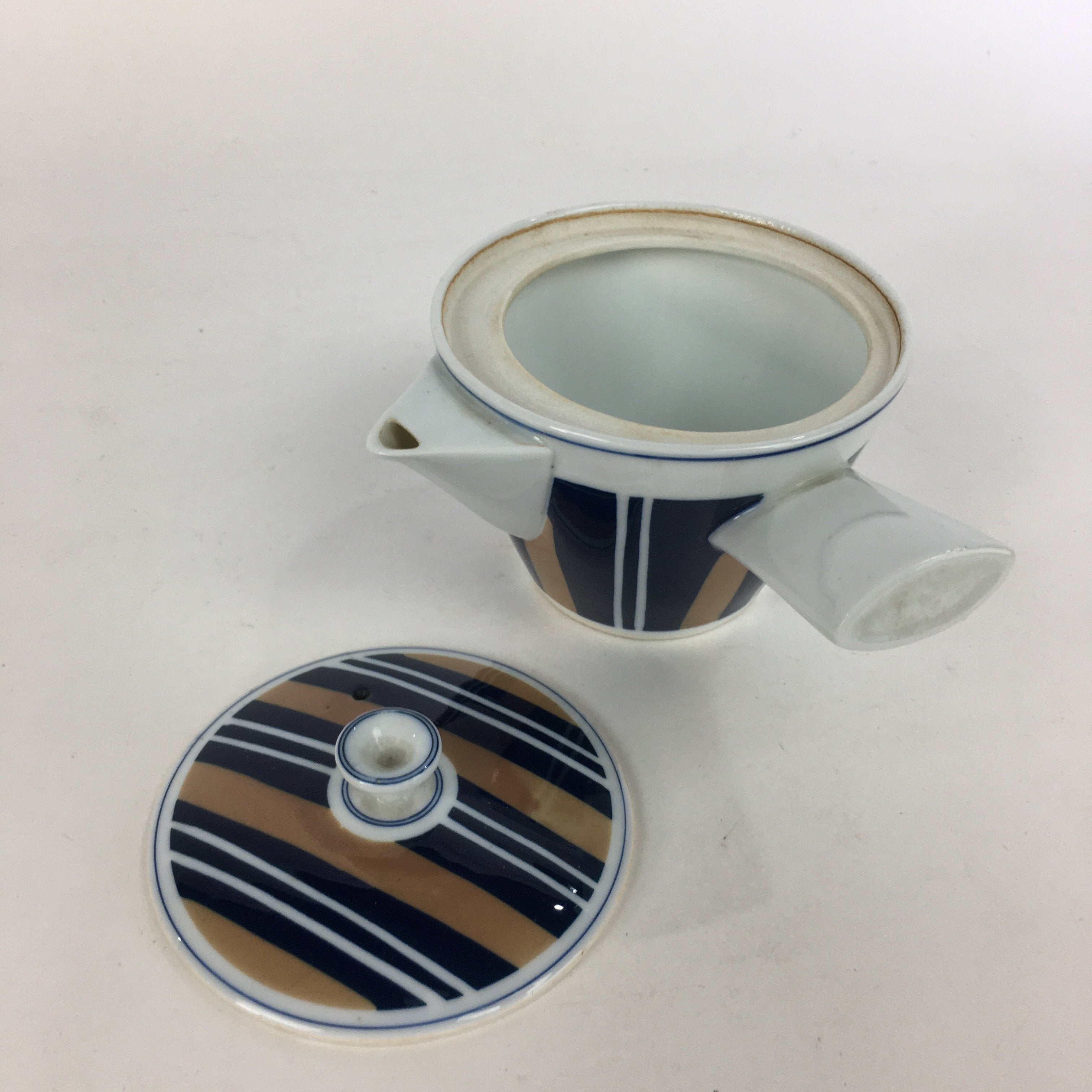 Japanese Porcelain Teapot Vtg Kyusu Pottery White Blue Brown Stripes Sencha PP5