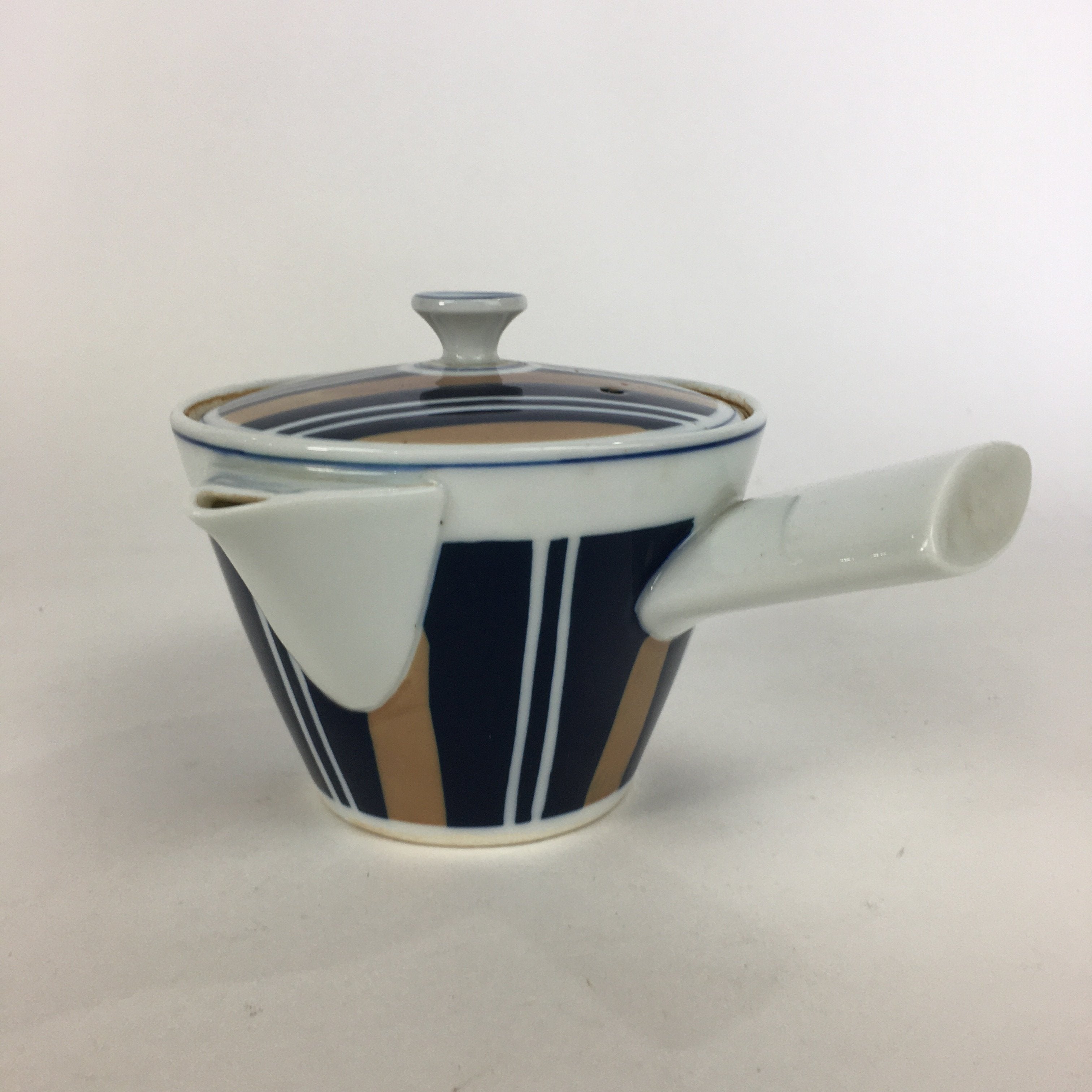 Japanese Porcelain Teapot Vtg Kyusu Pottery White Blue Brown Stripes Sencha PP5