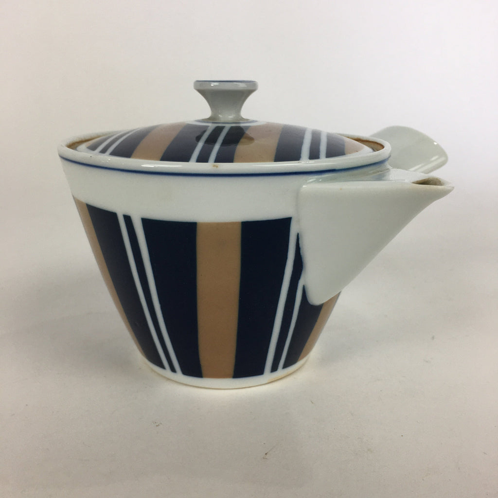 Japanese Porcelain Teapot Vtg Kyusu Pottery White Blue Brown Stripes Sencha PP5