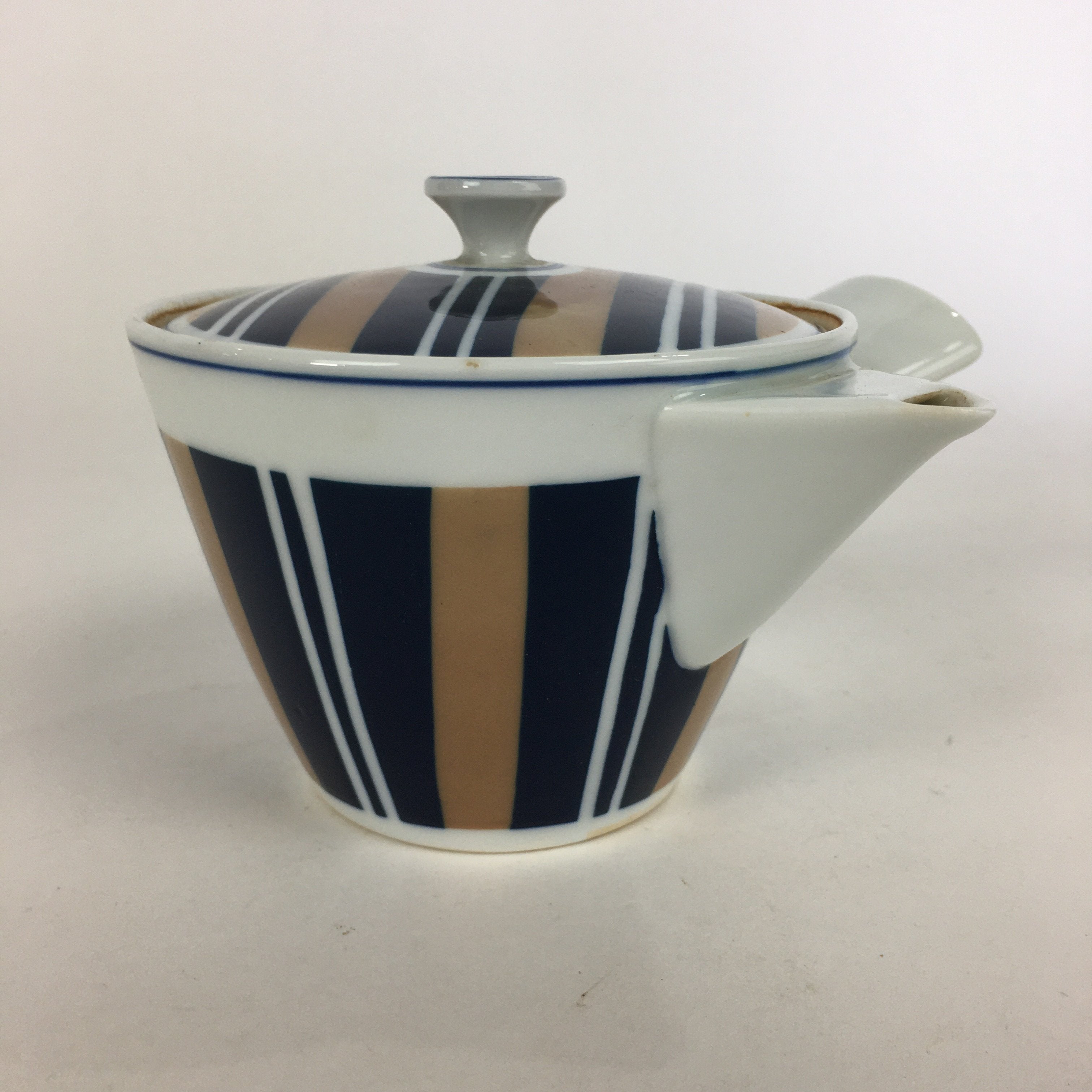 Japanese Porcelain Teapot Vtg Kyusu Pottery White Blue Brown Stripes Sencha PP5