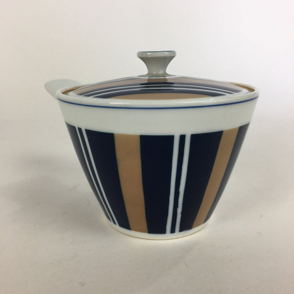Japanese Porcelain Teapot Vtg Kyusu Pottery White Blue Brown Stripes Sencha PP5