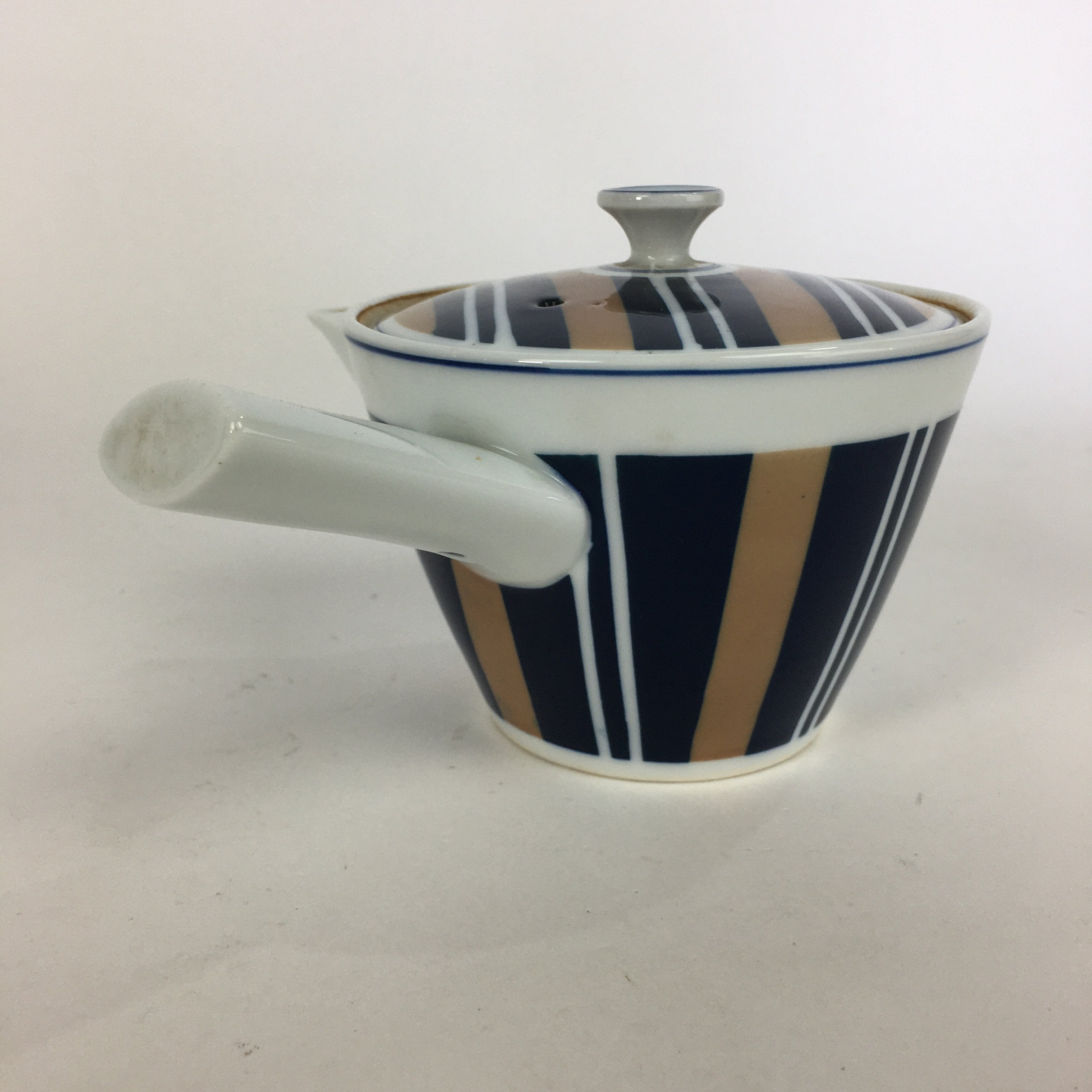 Japanese Porcelain Teapot Vtg Kyusu Pottery White Blue Brown Stripes Sencha PP5