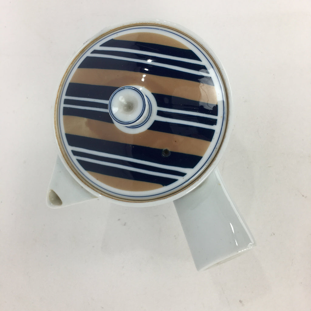 Japanese Porcelain Teapot Vtg Kyusu Pottery White Blue Brown Stripes Sencha PP5