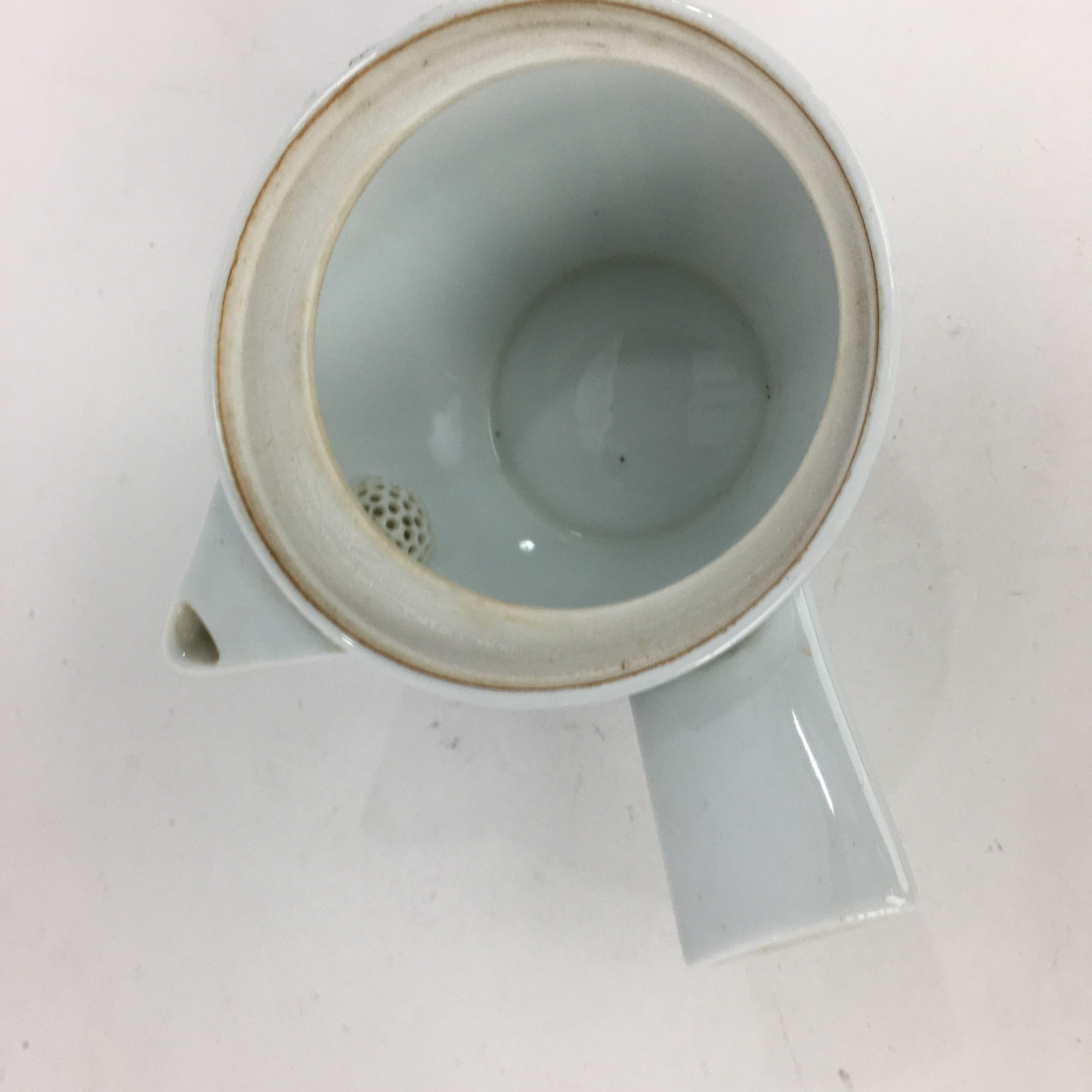 Japanese Porcelain Teapot Vtg Kyusu Pottery White Blue Brown Stripes Sencha PP5
