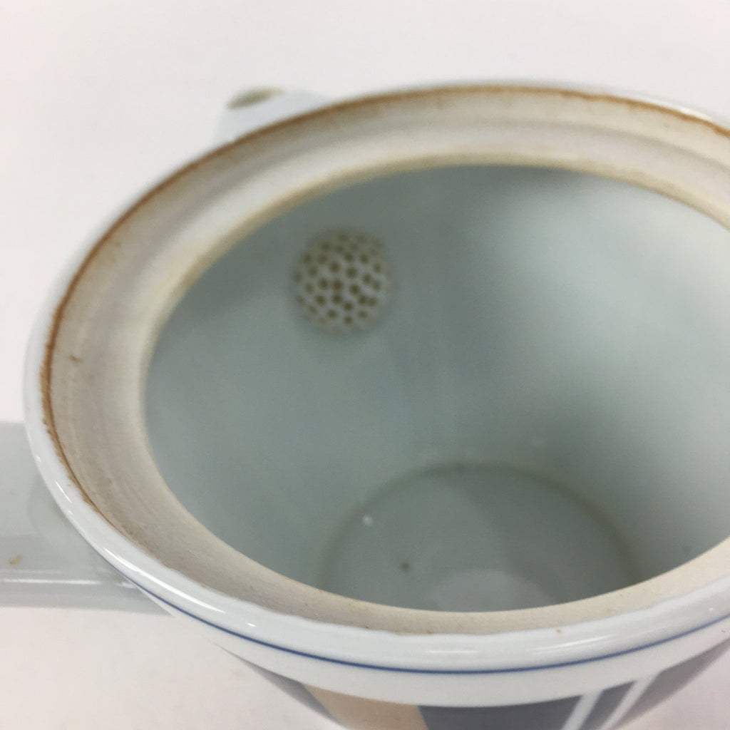 Japanese Porcelain Teapot Vtg Kyusu Pottery White Blue Brown Stripes Sencha PP5