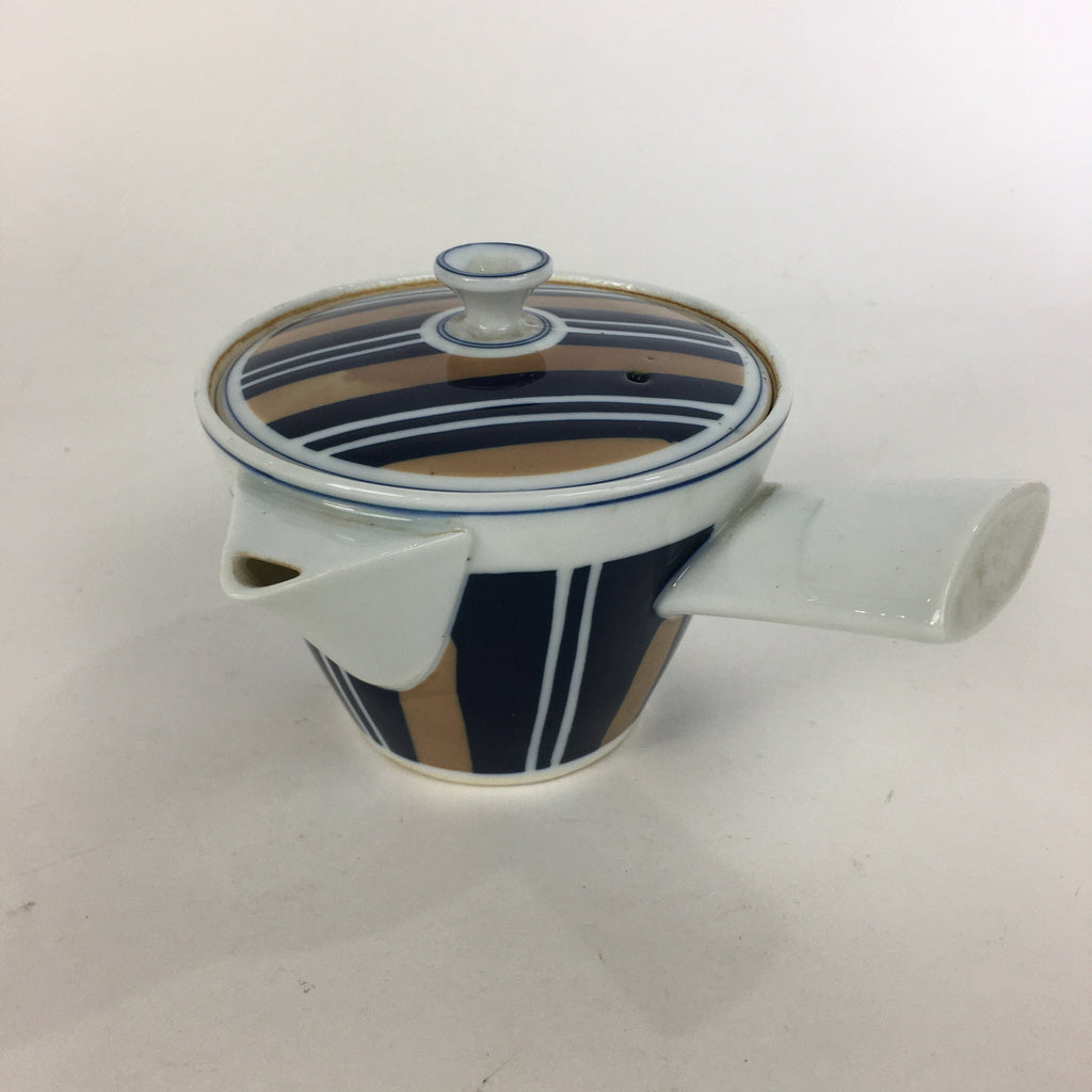 Japanese Porcelain Teapot Vtg Kyusu Pottery White Blue Brown Stripes Sencha PP5