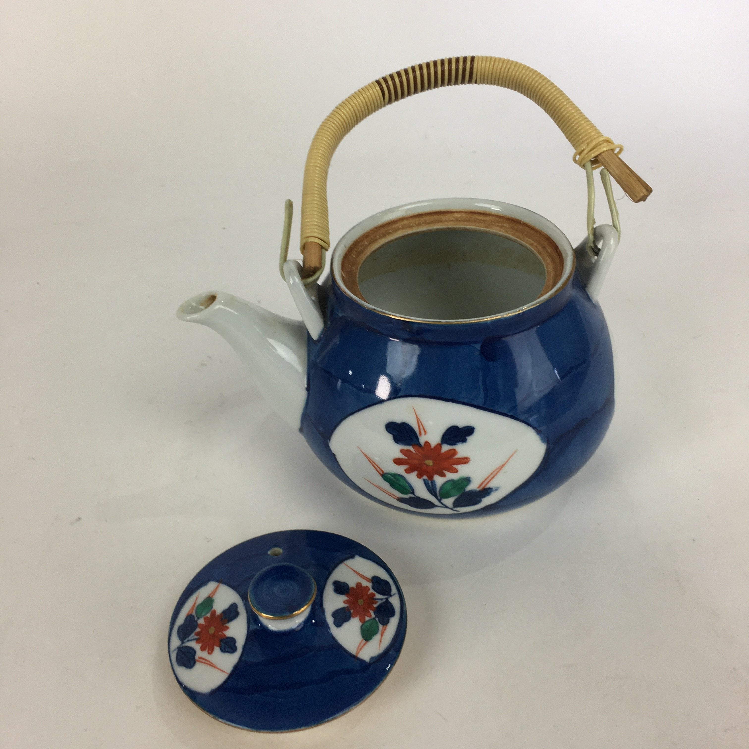 Japanese Porcelain Teapot Vtg Kyusu Pottery White Blue Red Flower Sencha PP596