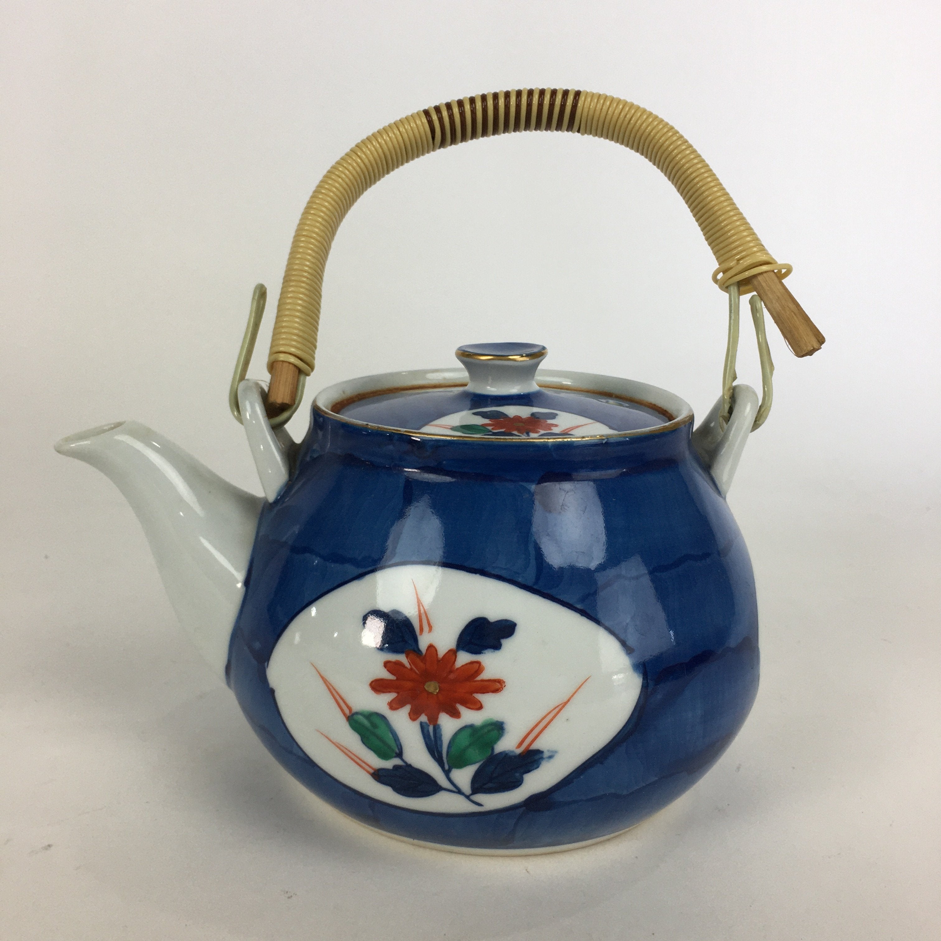 Japanese Porcelain Teapot Vtg Kyusu Pottery White Blue Red Flower Sencha PP596