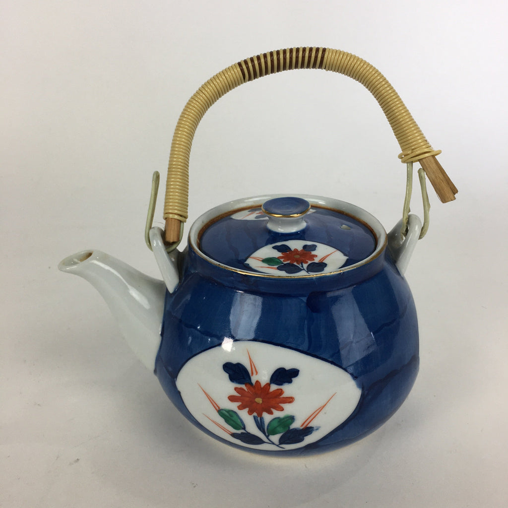 Japanese Porcelain Teapot Vtg Kyusu Pottery White Blue Red Flower Sencha PP596