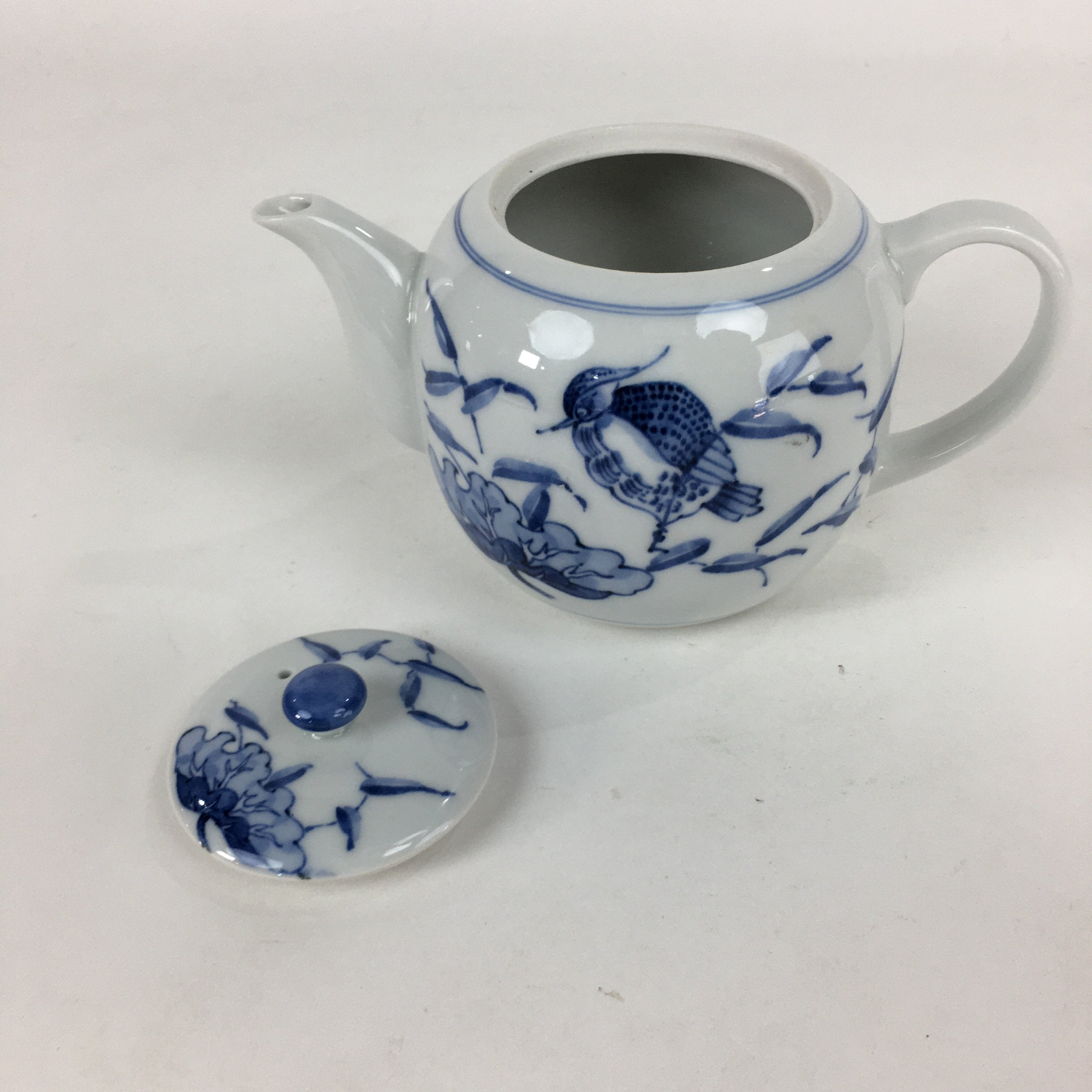 Japanese Porcelain Teapot Vtg Kyusu Pottery White Blue Sometsuke Sencha PP595