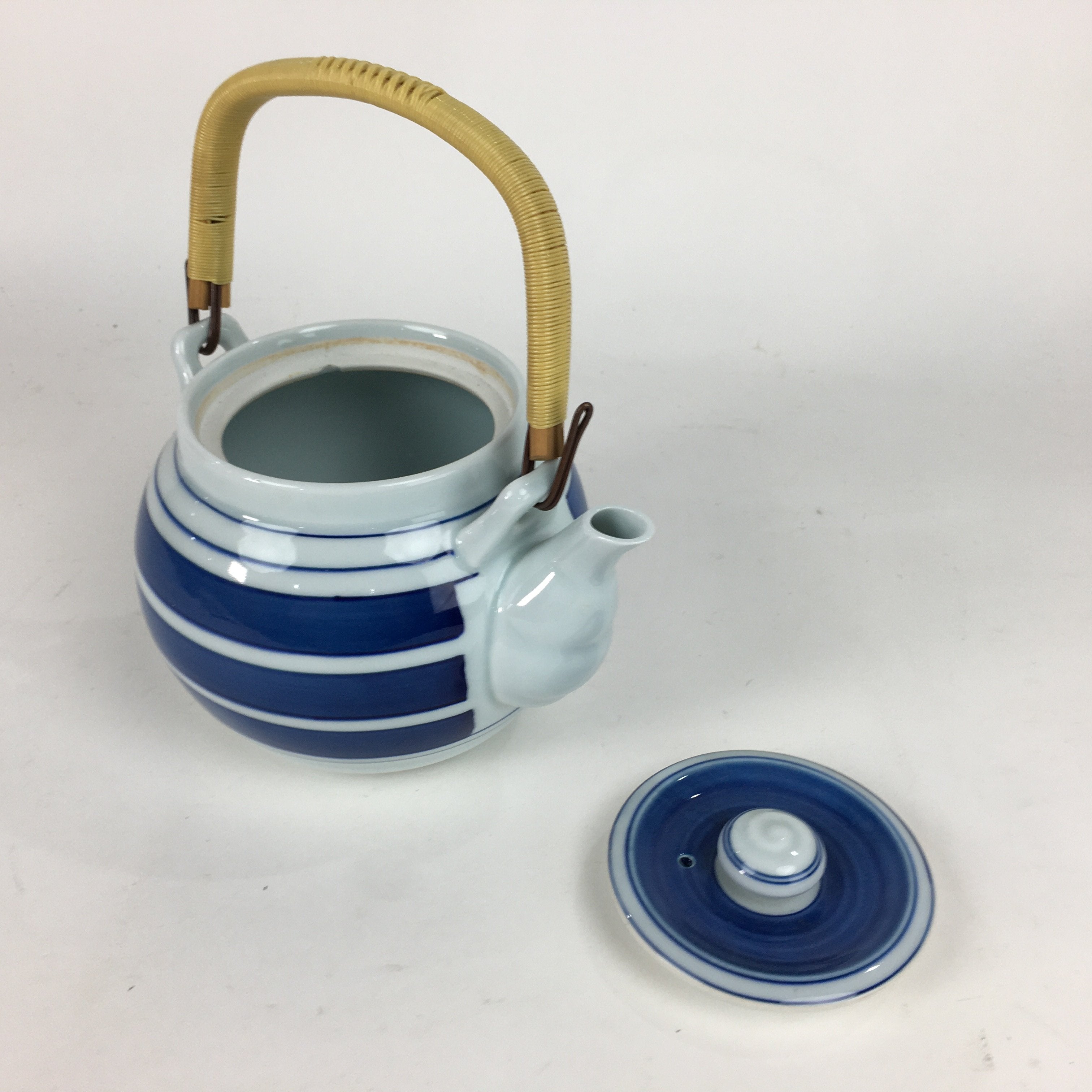 Japanese Porcelain Teapot Vtg Kyusu Pottery White Blue Stripes Sencha PP579