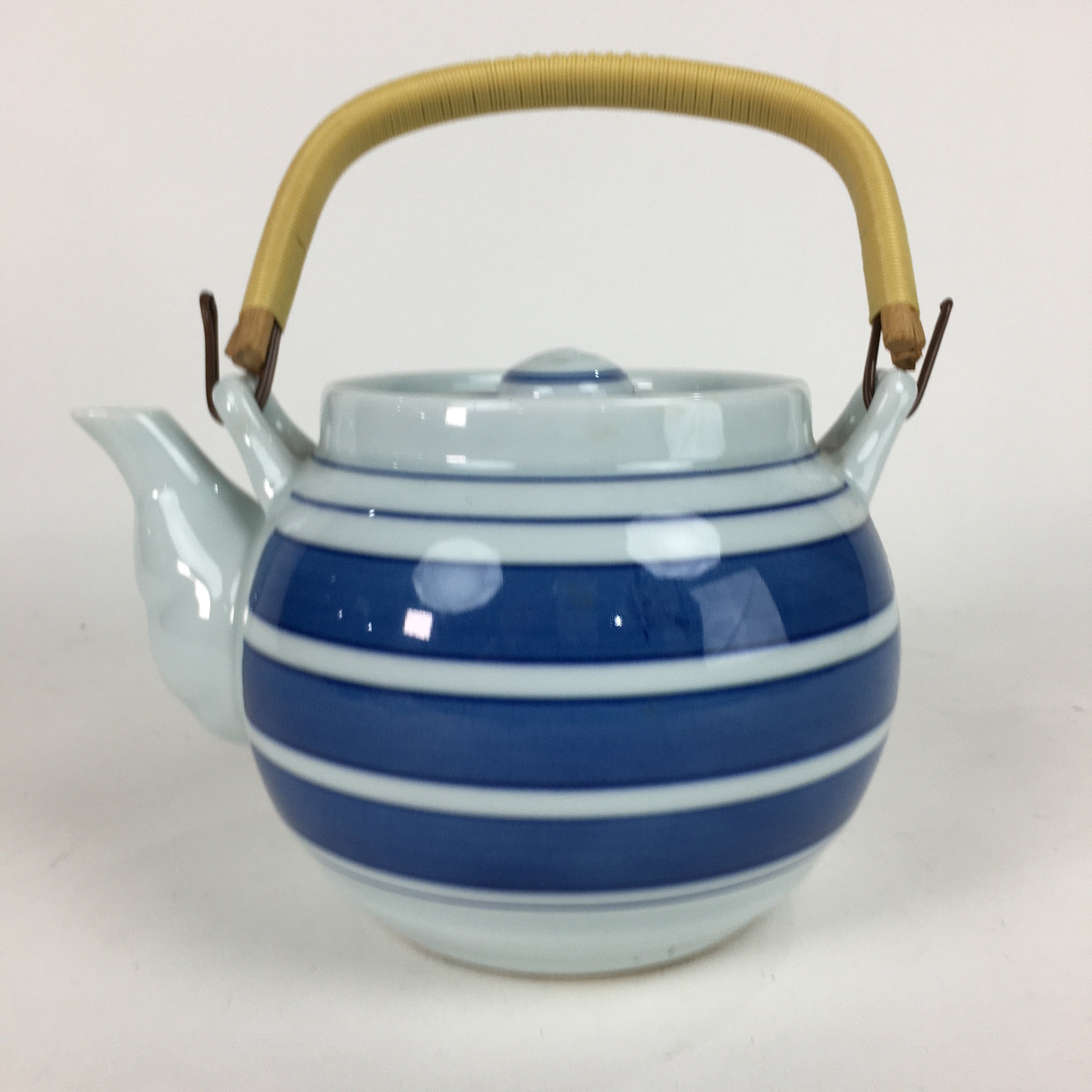 Japanese Porcelain Teapot Vtg Kyusu Pottery White Blue Stripes Sencha PP579