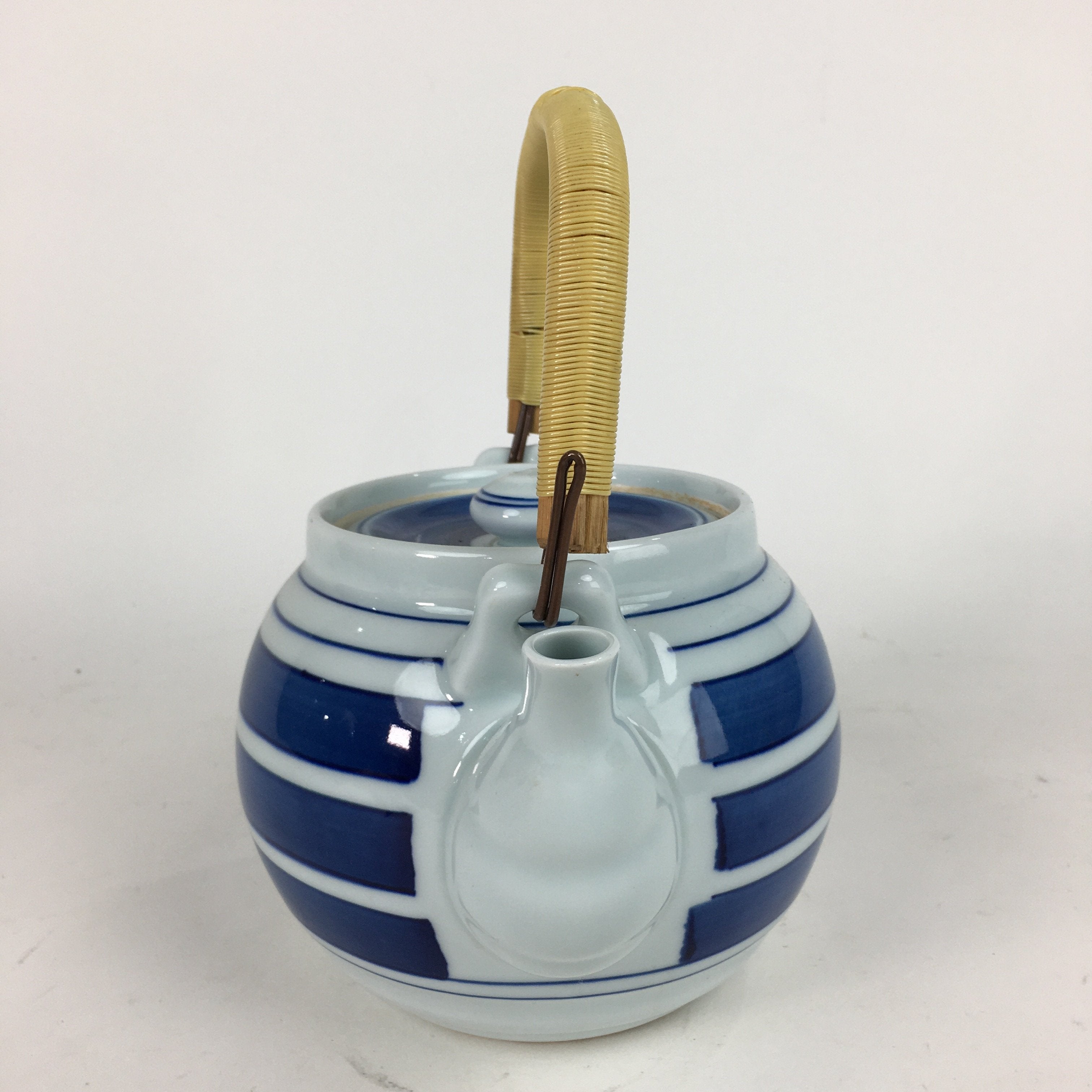 Japanese Porcelain Teapot Vtg Kyusu Pottery White Blue Stripes Sencha PP579