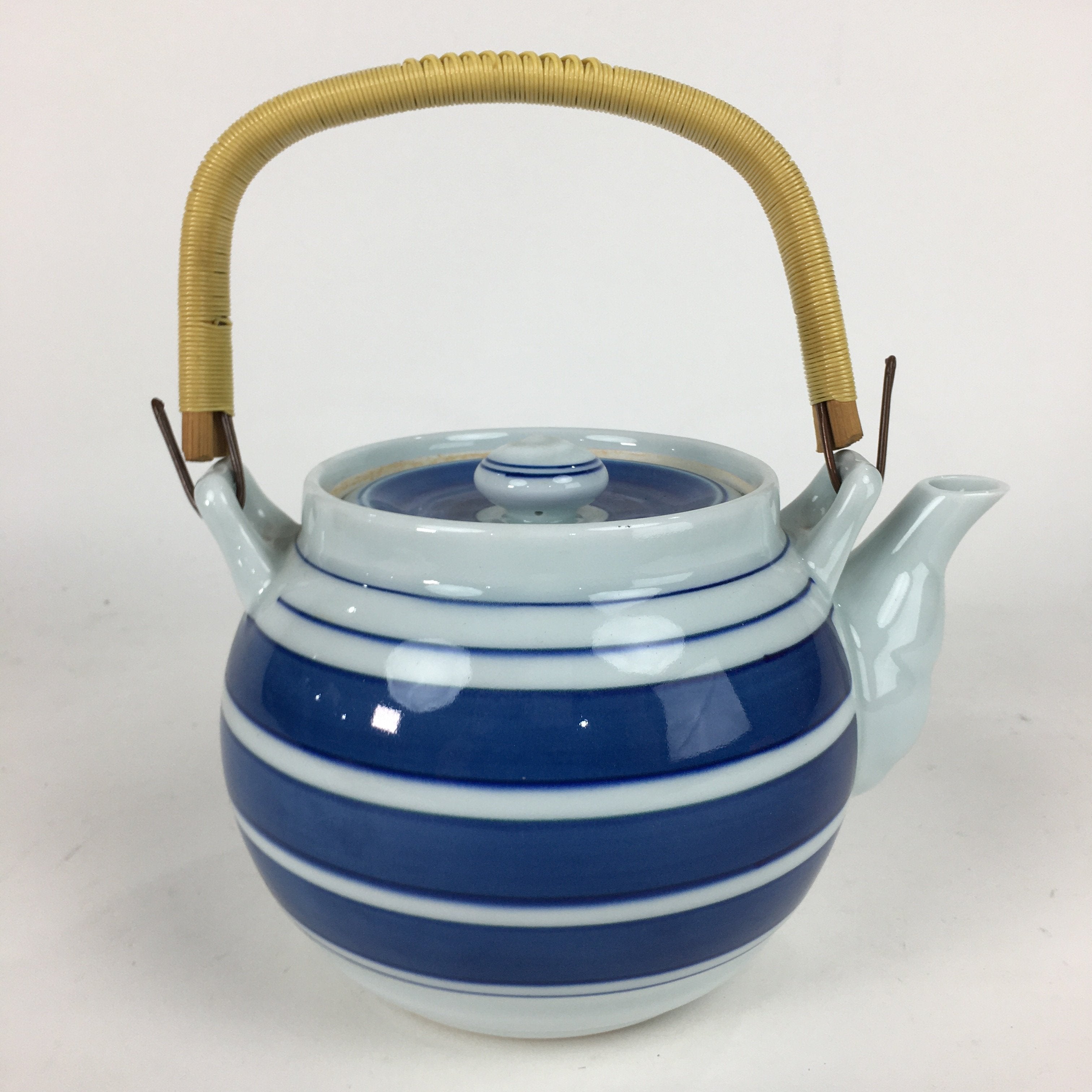 Japanese Porcelain Teapot Vtg Kyusu Pottery White Blue Stripes Sencha PP579