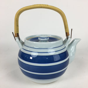 Japanese Porcelain Teapot Vtg Kyusu Pottery White Blue Stripes Sencha PP579