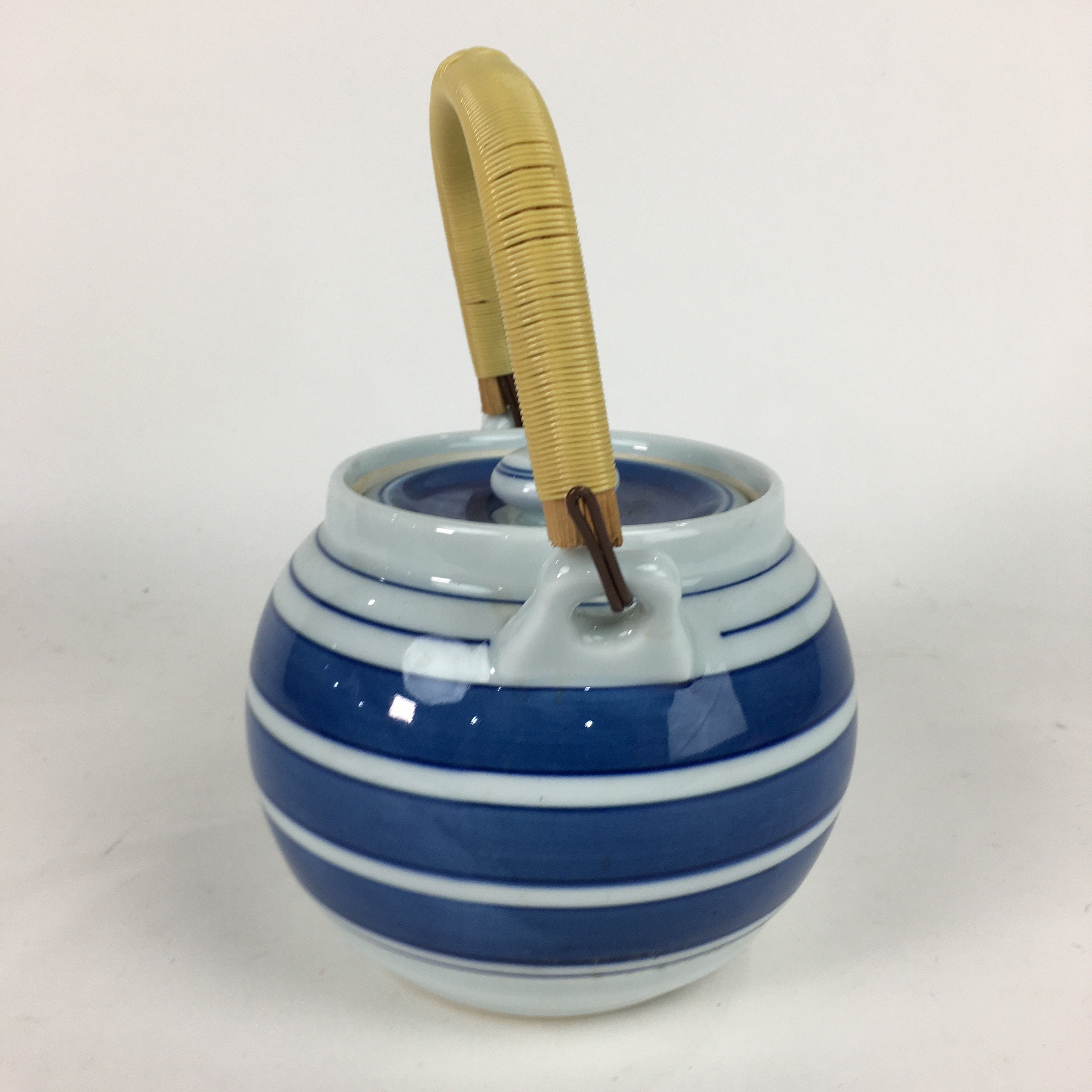 Japanese Porcelain Teapot Vtg Kyusu Pottery White Blue Stripes Sencha PP579