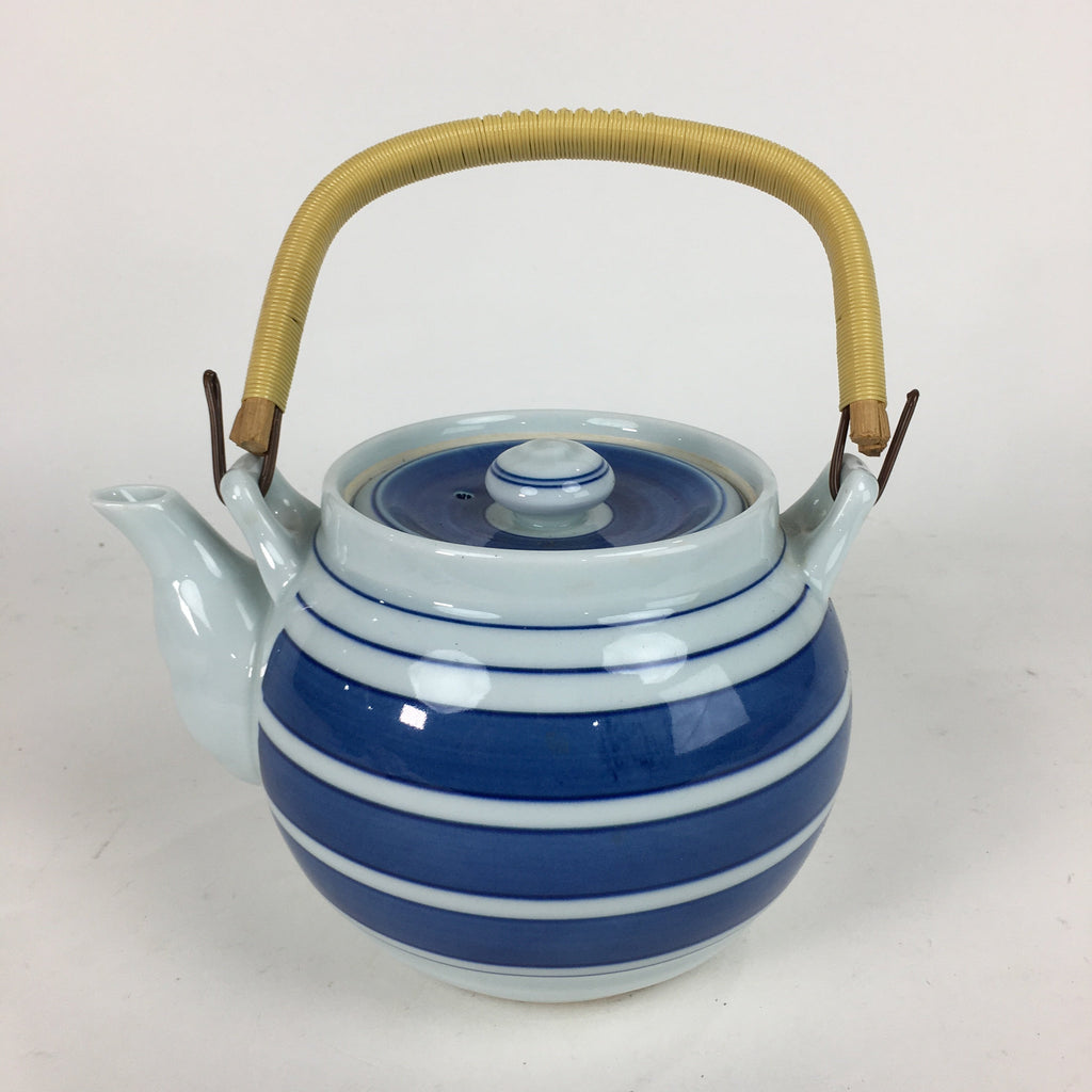 Japanese Porcelain Teapot Vtg Kyusu Pottery White Blue Stripes Sencha PP579
