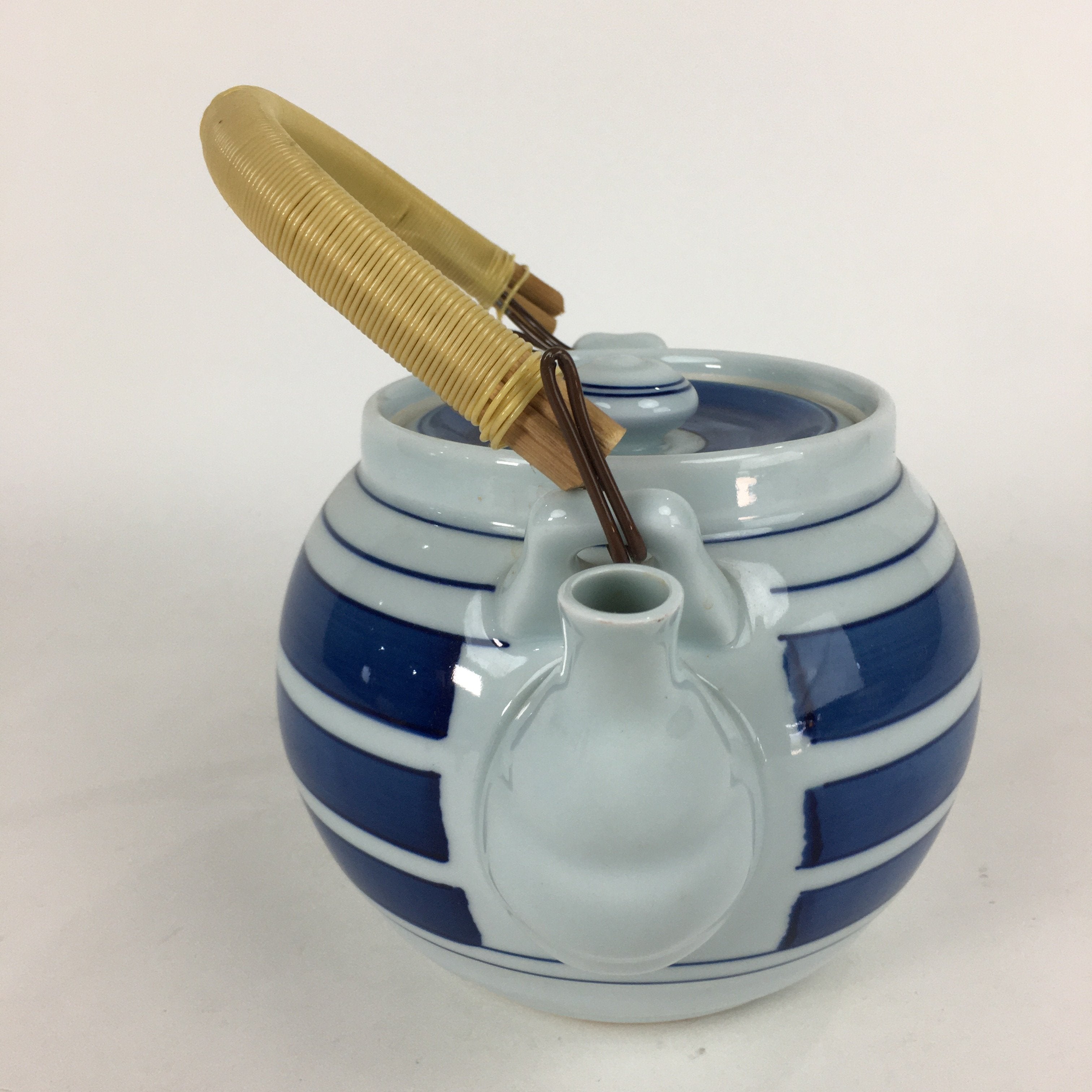 Japanese Porcelain Teapot Vtg Kyusu Pottery White Blue Stripes Sencha PP594