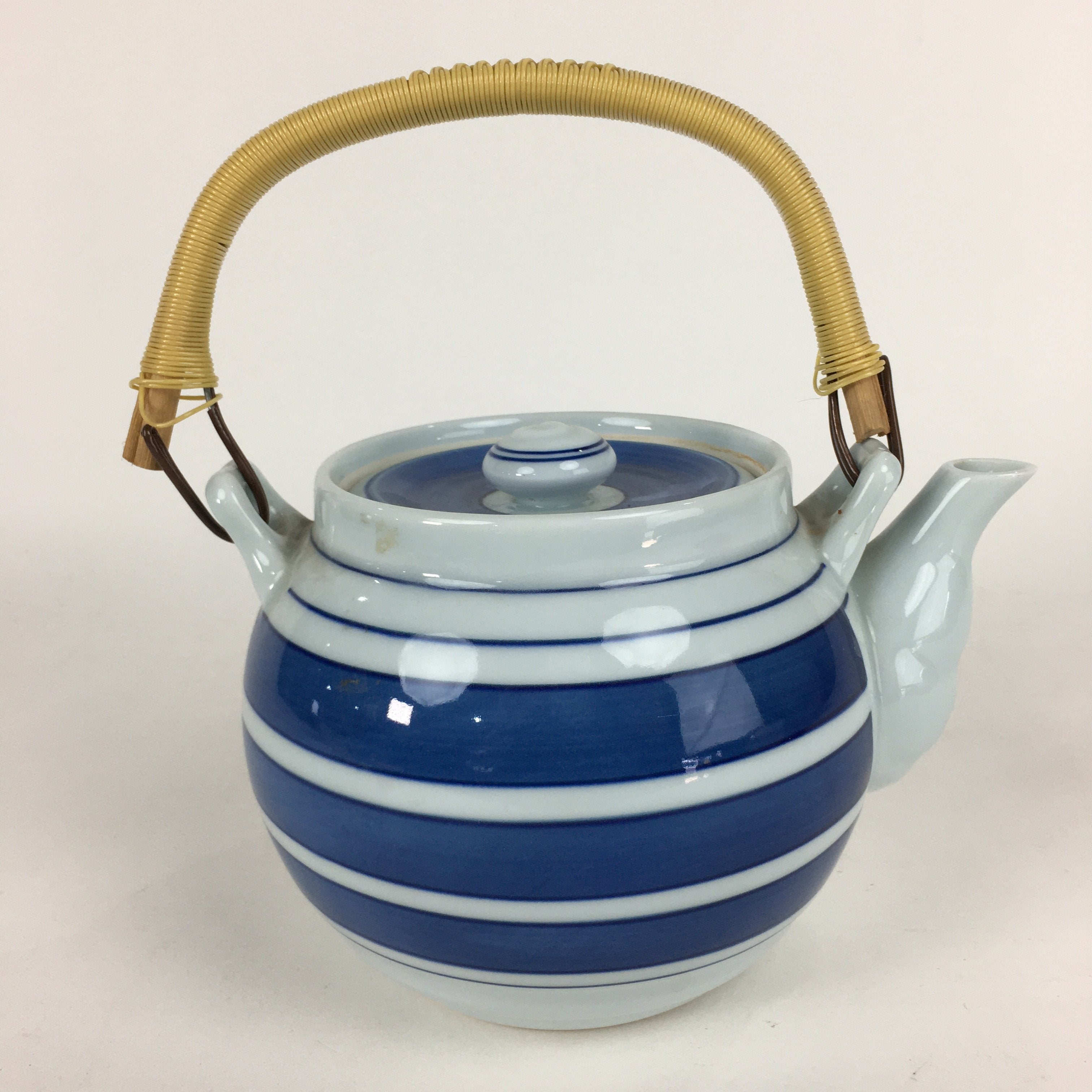 Japanese Porcelain Teapot Vtg Kyusu Pottery White Blue Stripes Sencha PP594