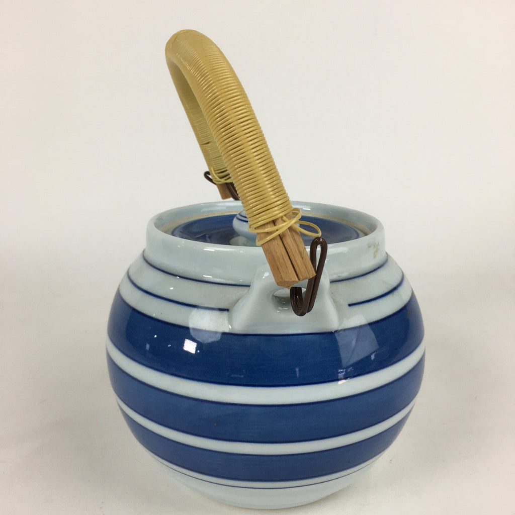 Japanese Porcelain Teapot Vtg Kyusu Pottery White Blue Stripes Sencha PP594