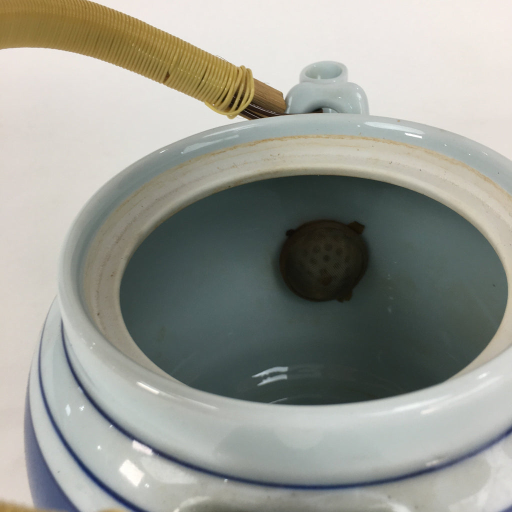 Japanese Porcelain Teapot Vtg Kyusu Pottery White Blue Stripes Sencha PP594