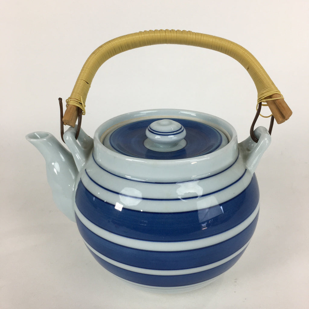 Japanese Porcelain Teapot Vtg Kyusu Pottery White Blue Stripes Sencha PP594