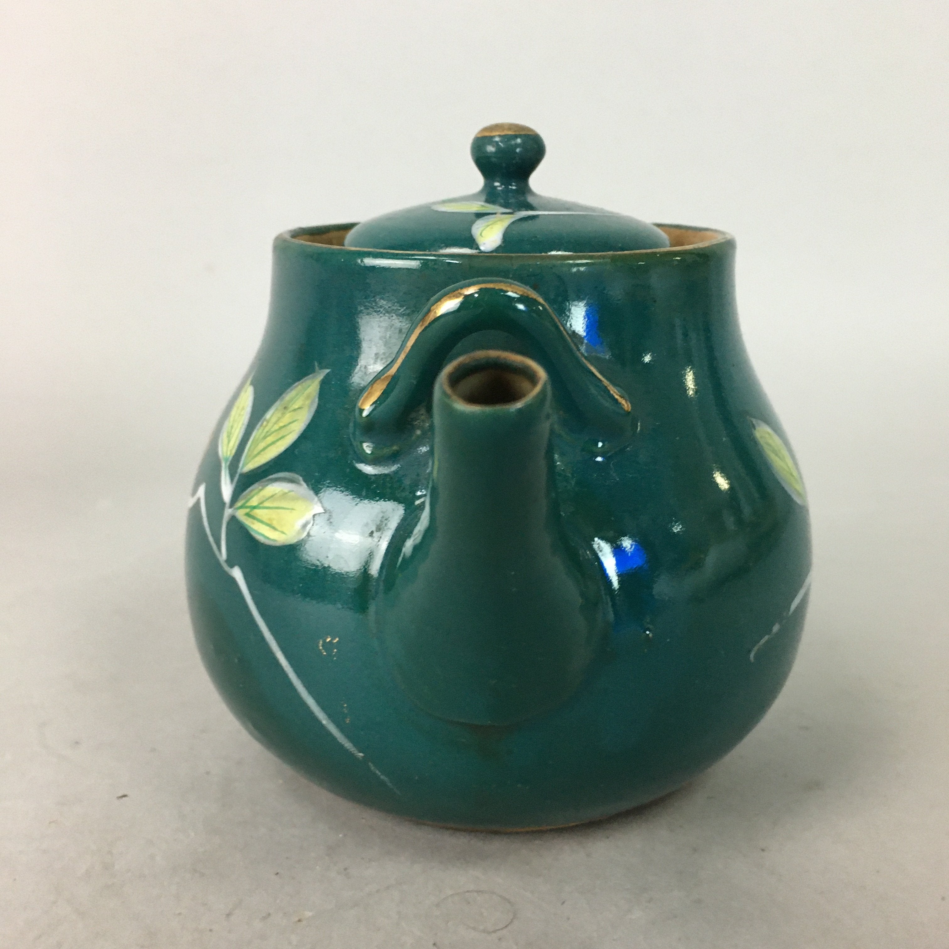 Japanese Porcelain Teapot Vtg Kyusu Sencha Green Floral Camellia PP128