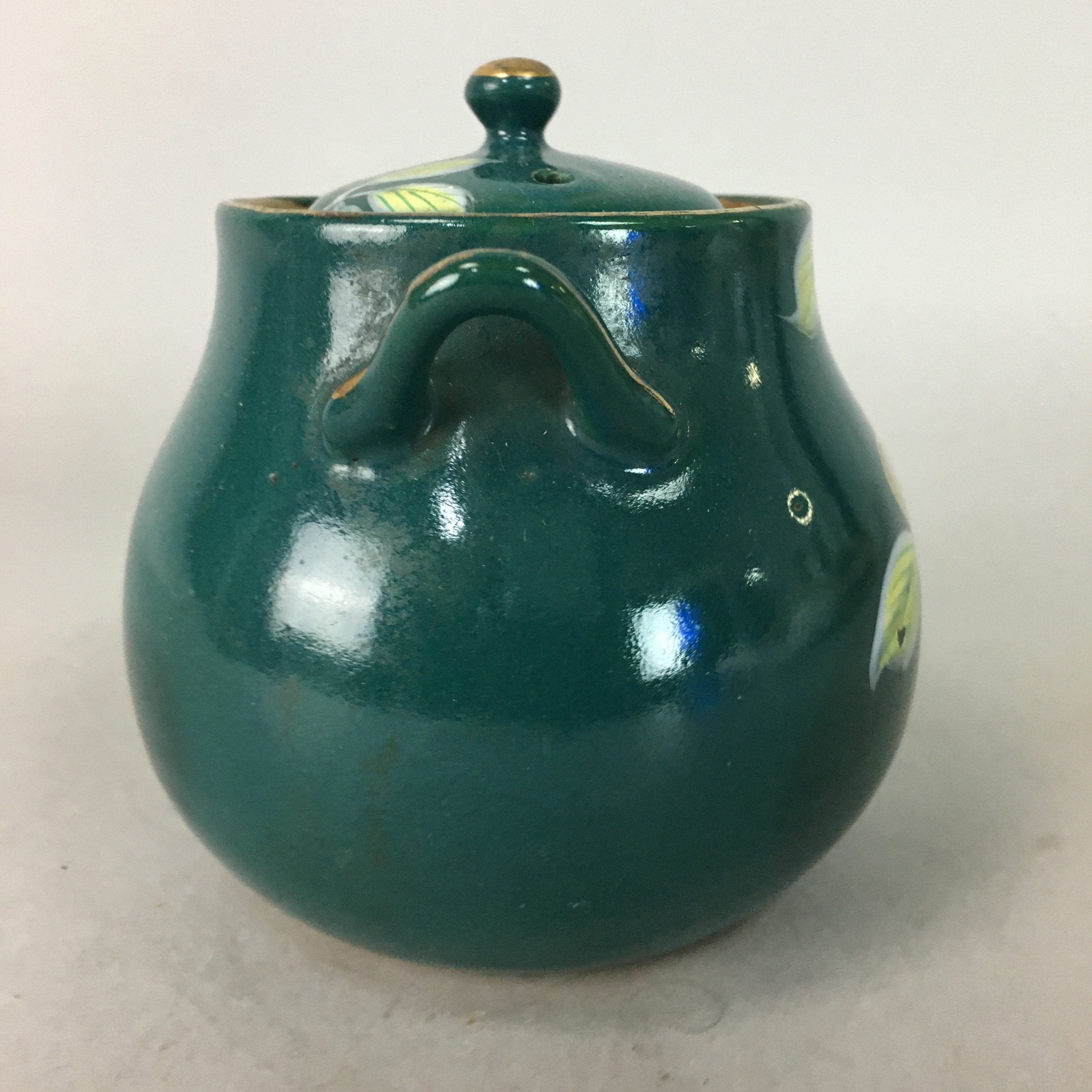 Japanese Porcelain Teapot Vtg Kyusu Sencha Green Floral Camellia PP128
