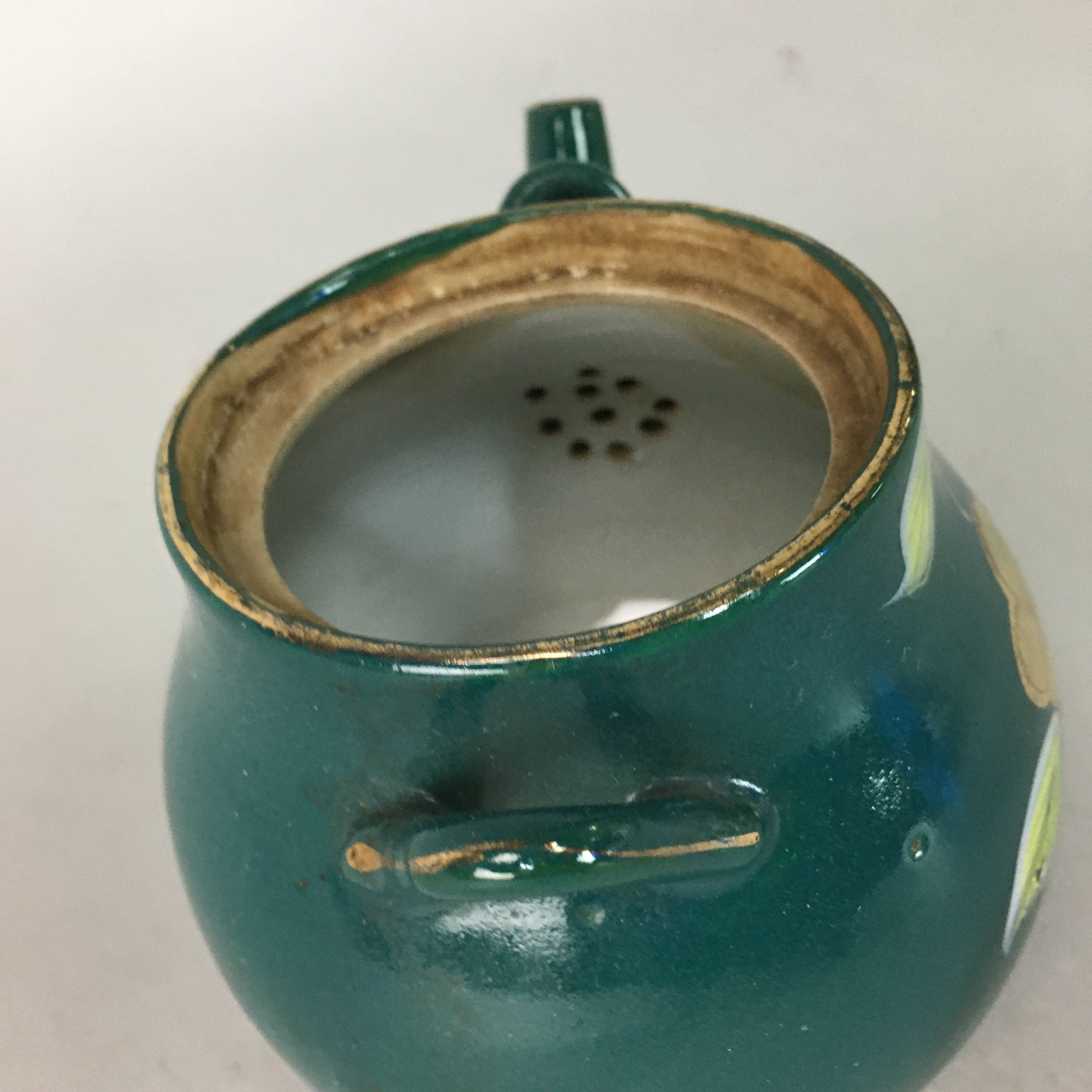 Japanese Porcelain Teapot Vtg Kyusu Sencha Green Floral Camellia PP128