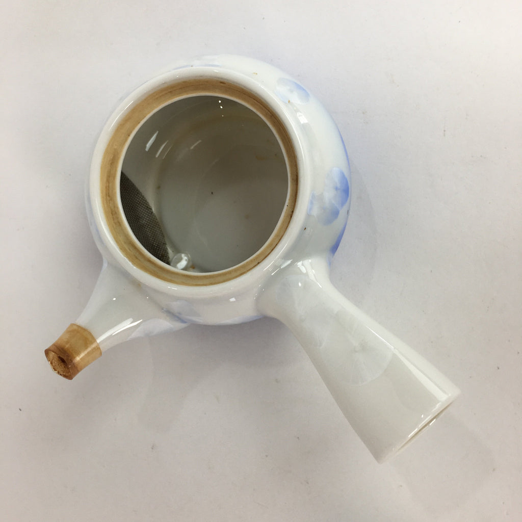 Japanese Porcelain Teapot Vtg White Blue Design Kyusu Flat net Sencha PP568