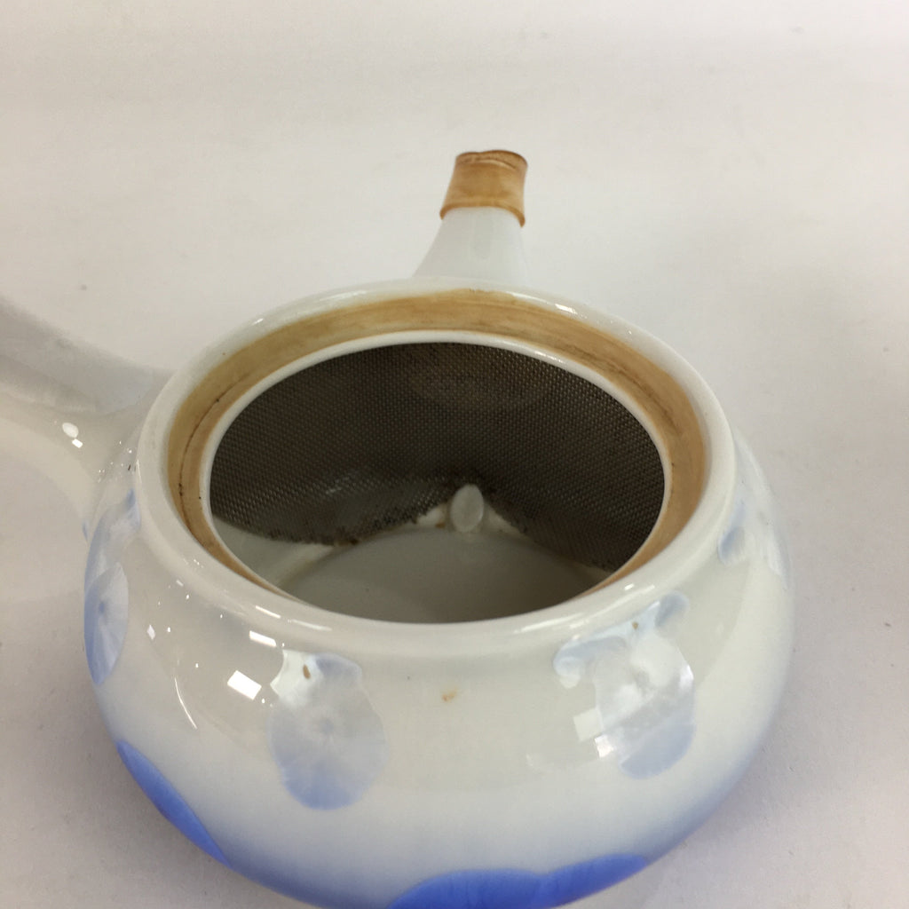 Japanese Porcelain Teapot Vtg White Blue Design Kyusu Flat net Sencha PP568