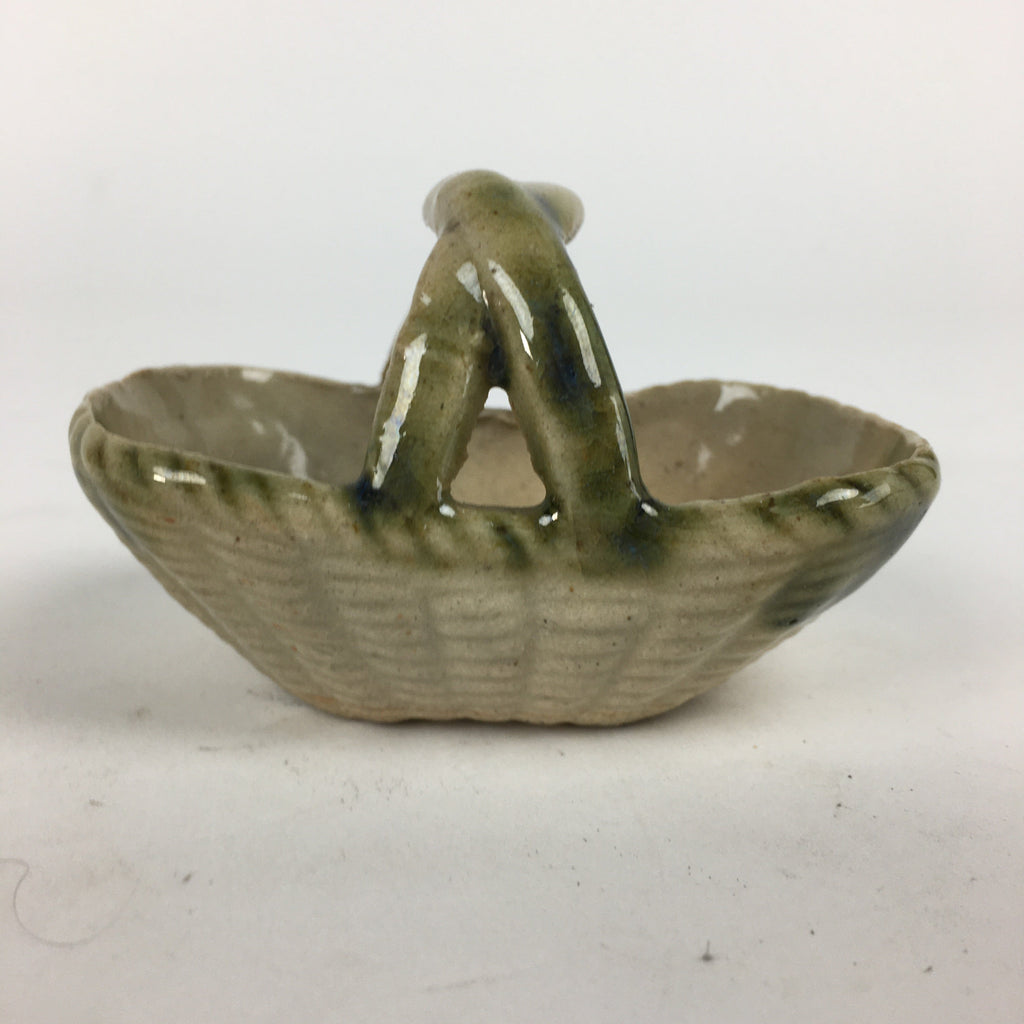 Japanese Porcelain Tiny Pot Vtg Basket Shape One Handles Brown Green PP881