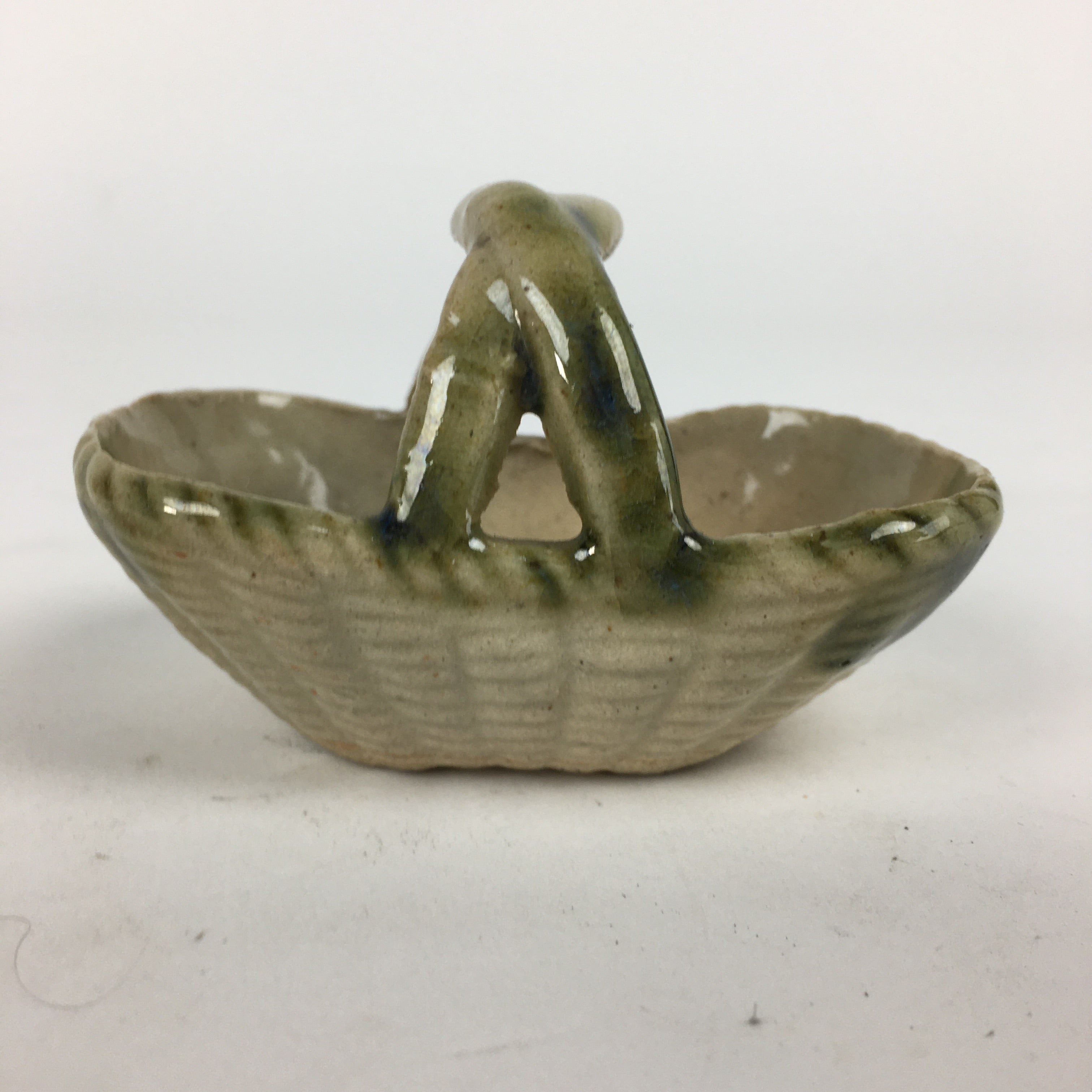 Japanese Porcelain Tiny Pot Vtg Basket Shape One Handles Brown Green PP881