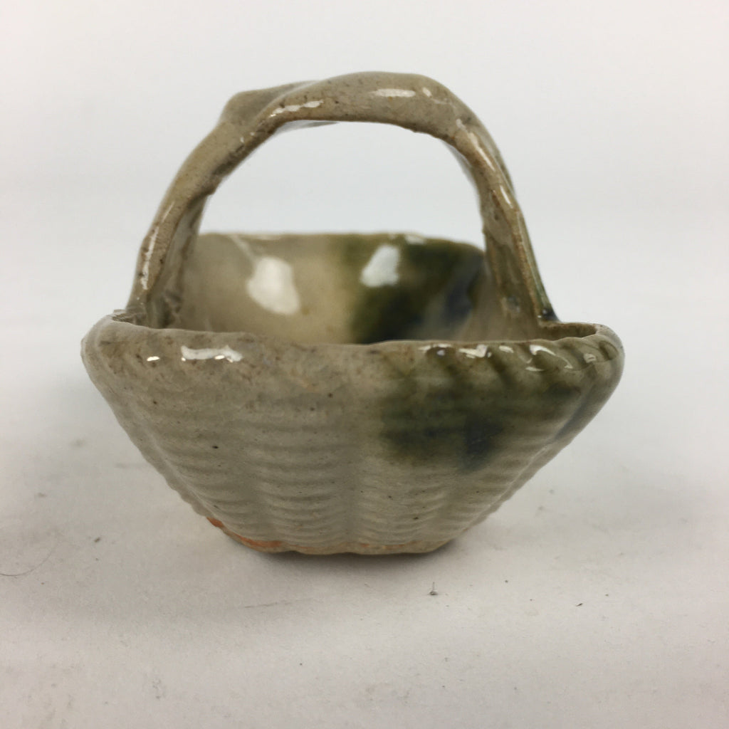 Japanese Porcelain Tiny Pot Vtg Basket Shape One Handles Brown Green PP881