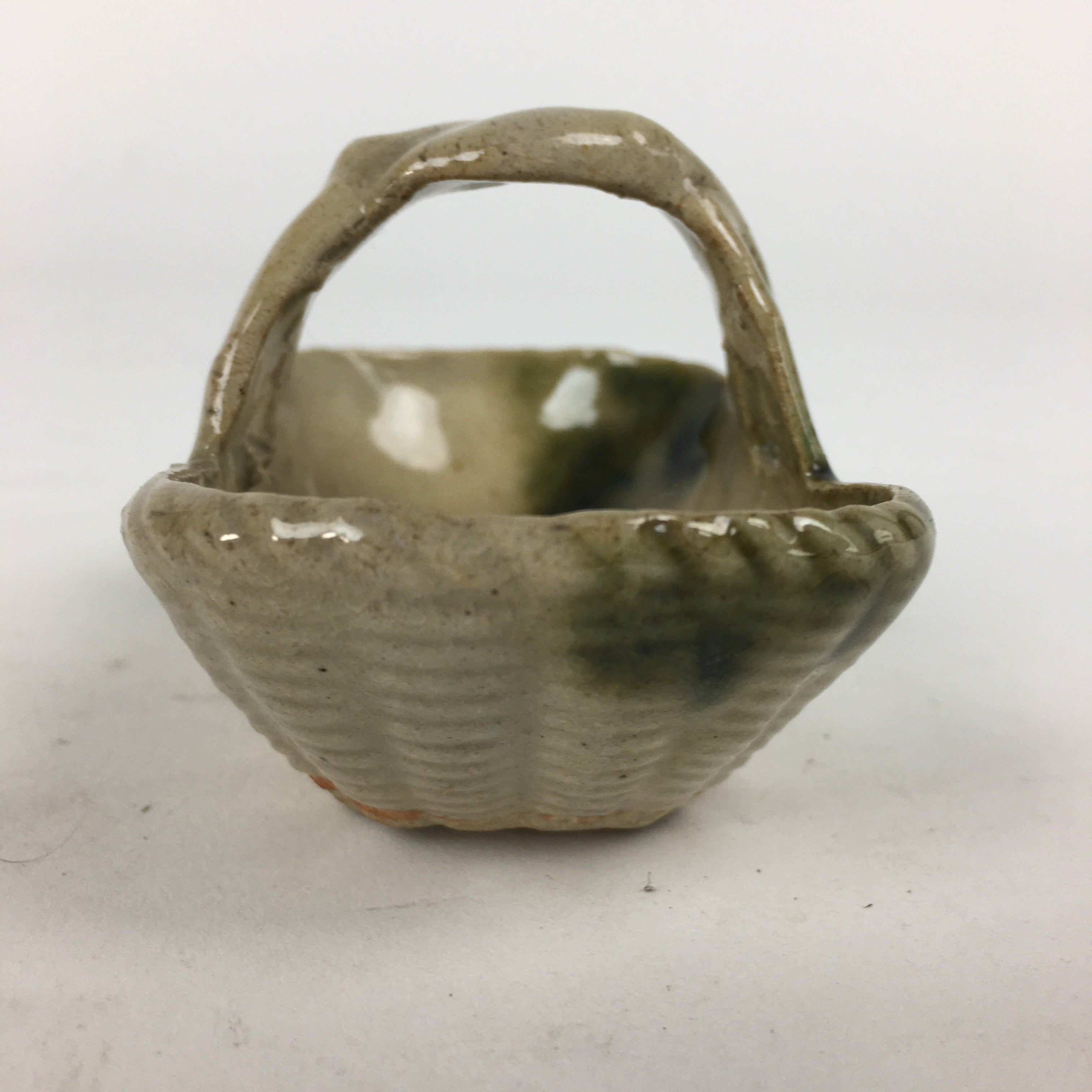 Japanese Porcelain Tiny Pot Vtg Basket Shape One Handles Brown Green PP881