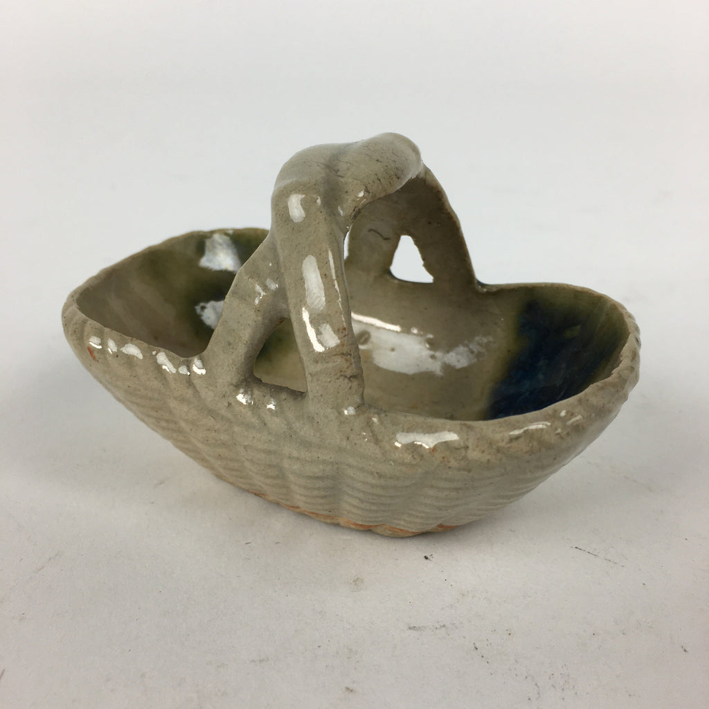 Japanese Porcelain Tiny Pot Vtg Basket Shape One Handles Brown Green PP881