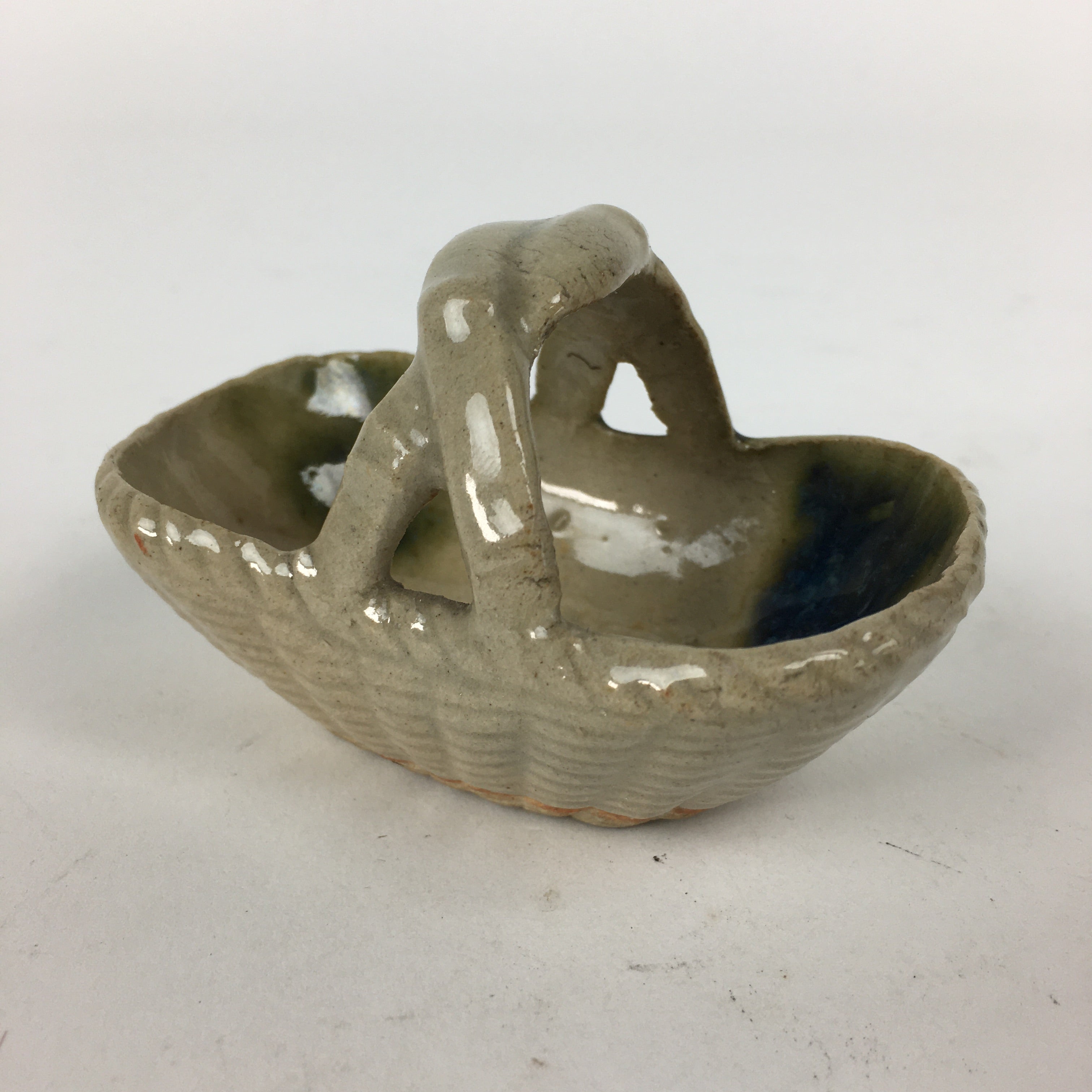 Japanese Porcelain Tiny Pot Vtg Basket Shape One Handles Brown Green PP881