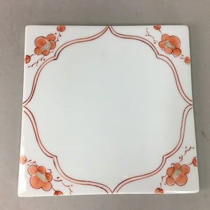 Japanese Porcelain Trivet Vtg Hot Pot Stand Plum Blossom Square White Red PP131