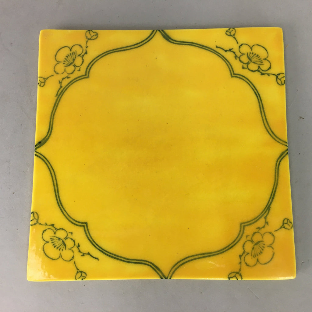 Japanese Porcelain Trivet Vtg Hot Pot Stand Plum Blossom Square yellow PP130