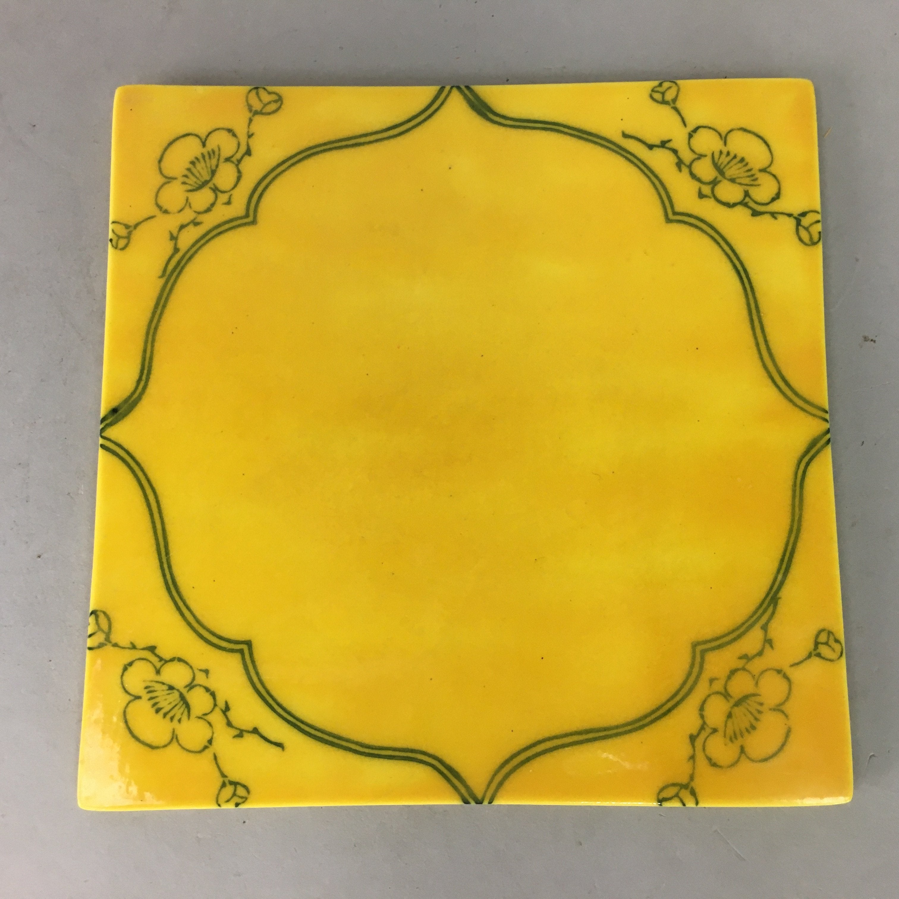 Japanese Porcelain Trivet Vtg Hot Pot Stand Plum Blossom Square yellow PP130