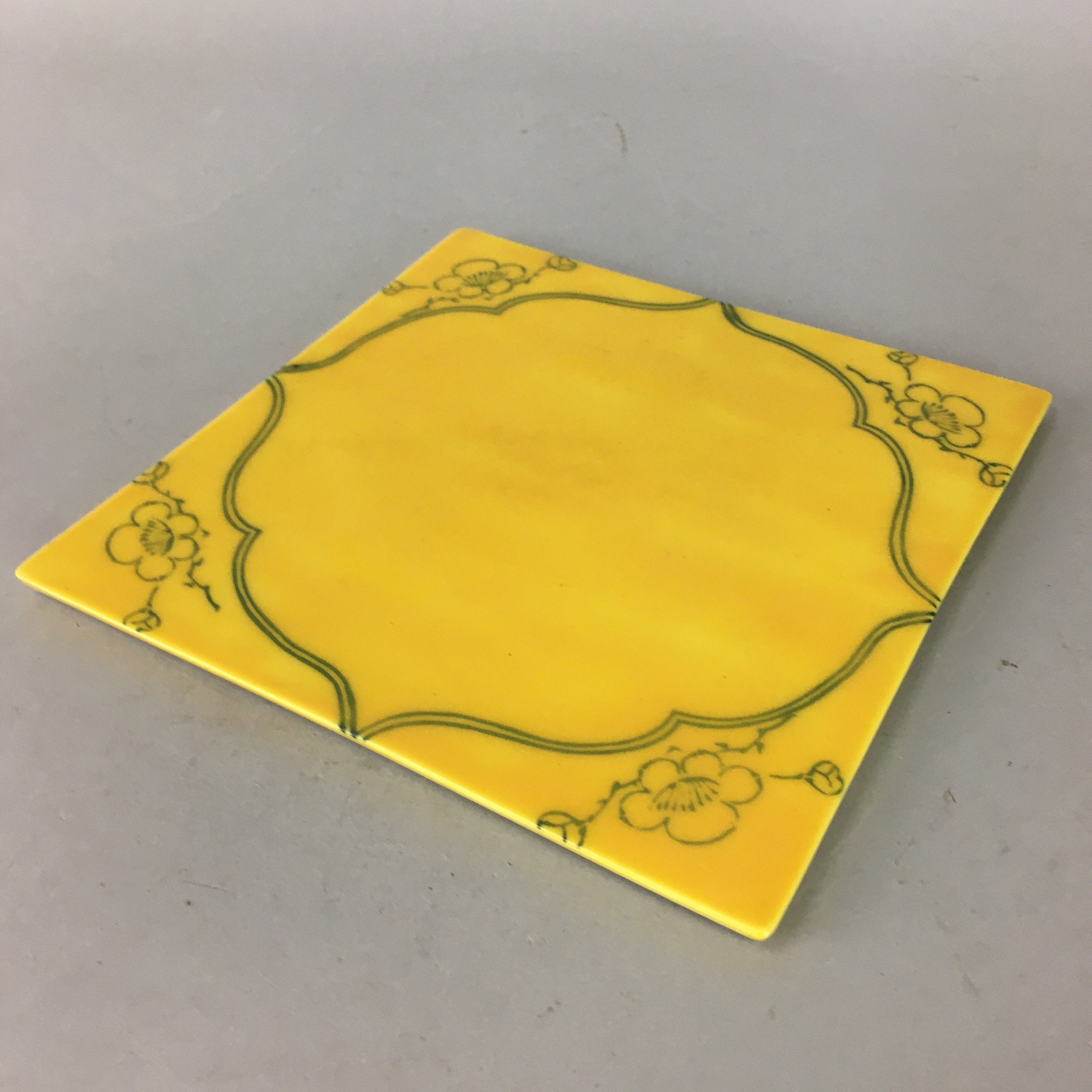 Japanese Porcelain Trivet Vtg Hot Pot Stand Plum Blossom Square yellow PP130