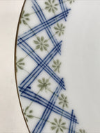 Japanese Porcelain White Plate Vtg Blue Plaid Floral Pattern Tableware QT153
