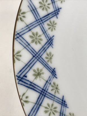 Japanese Porcelain White Plate Vtg Blue Plaid Floral Pattern Tableware QT153