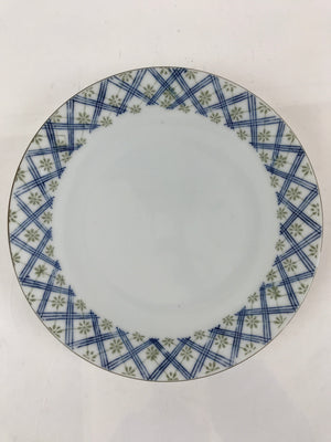 Japanese Porcelain White Plate Vtg Blue Plaid Floral Pattern Tableware QT153